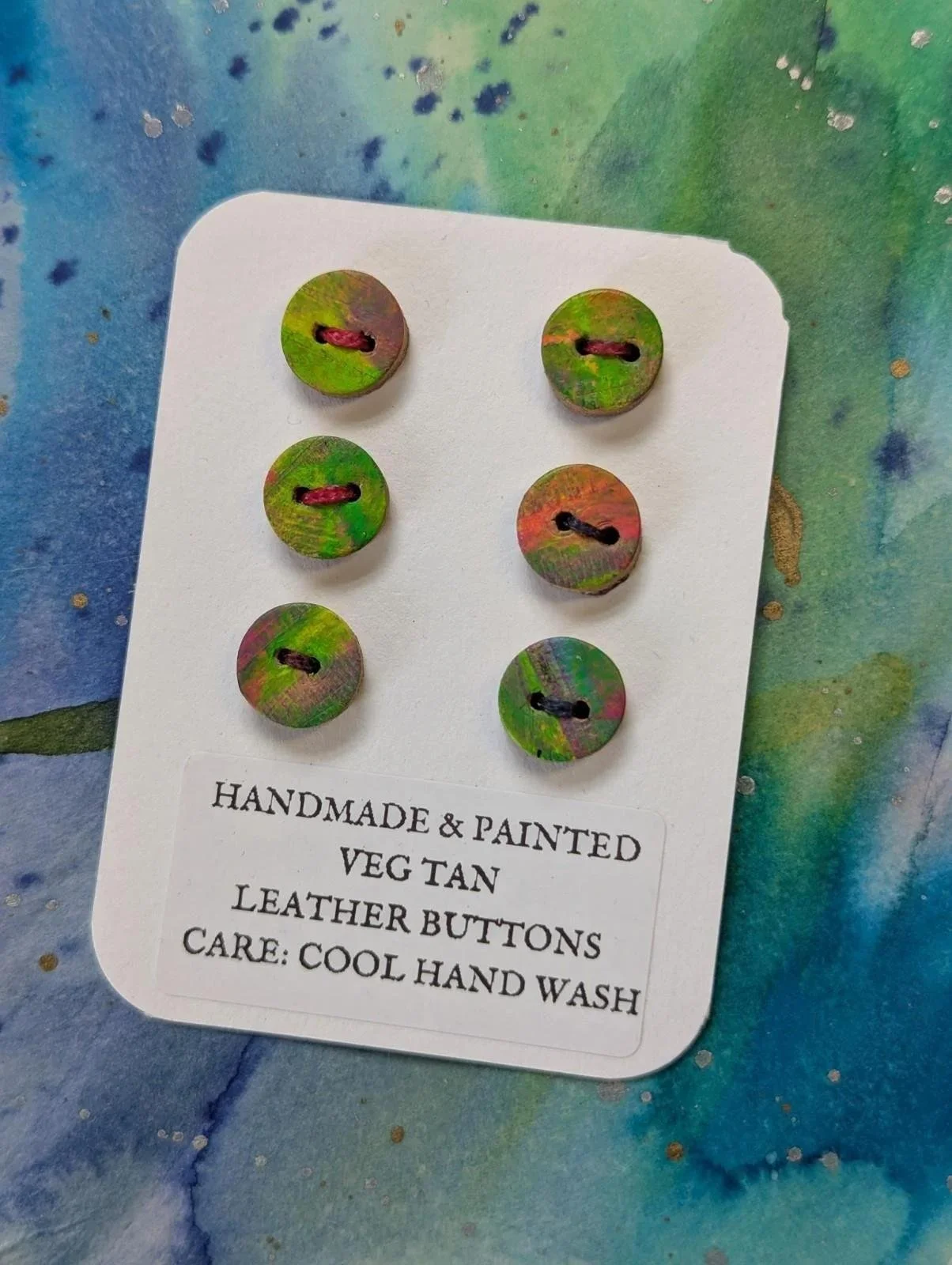 6 Pack Hand Painted Handmade Veg Tan Leather Buttons 13mm Neon Greens Textured