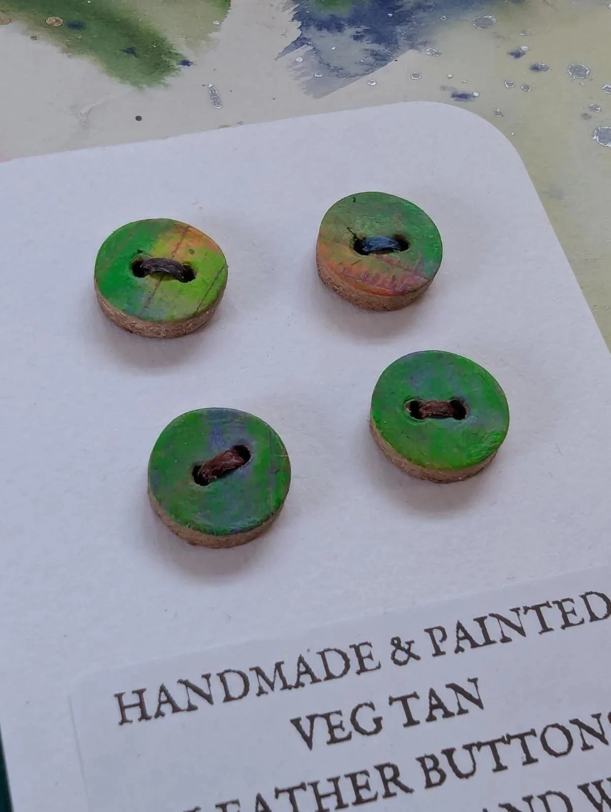 4 Pack Hand Painted Handmade Veg Tan Leather Buttons 13mm Neon Greens Textured