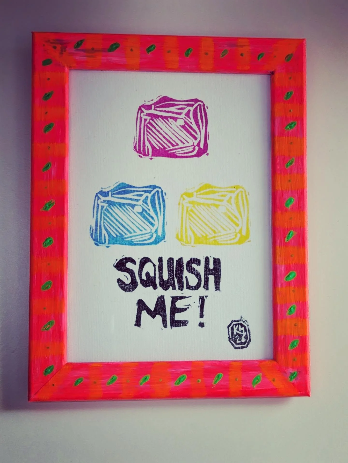 Colour is the ultimate antidote to feeling crappy! Embracing my maximalist side today. Squishy toys are my sensory nemesis but I loved carving the 2d version! The frame is hand painted in neon red, orange and green for an extra dopamine hit. 

Availa