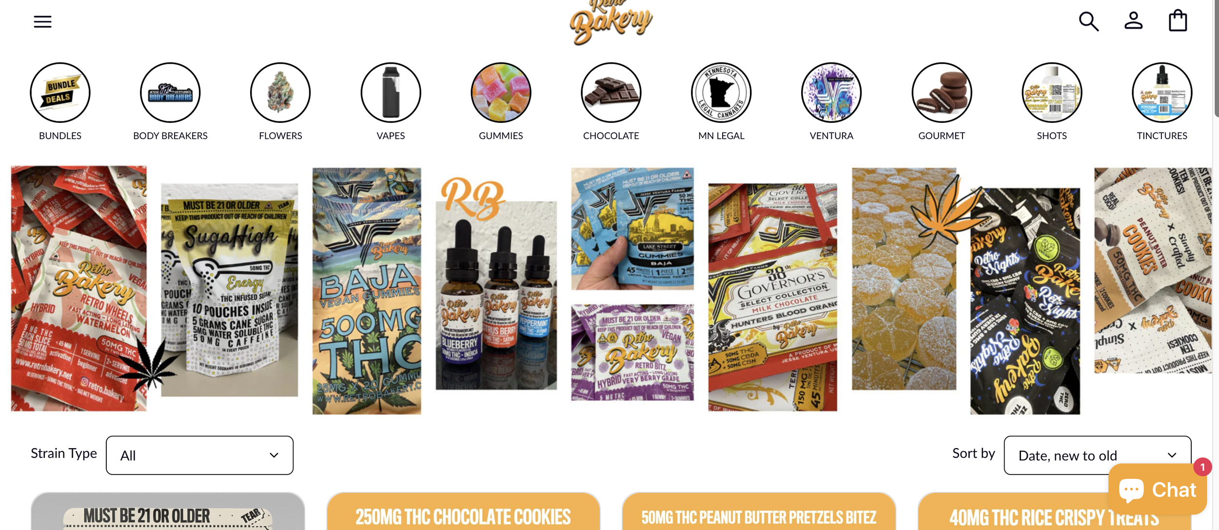 Screenshot of an online store called 'Retro Bakery' displaying various cannabis-infused products, including gummies, chocolates, tinctures, and vape oils, with shipping and age restrictions.
