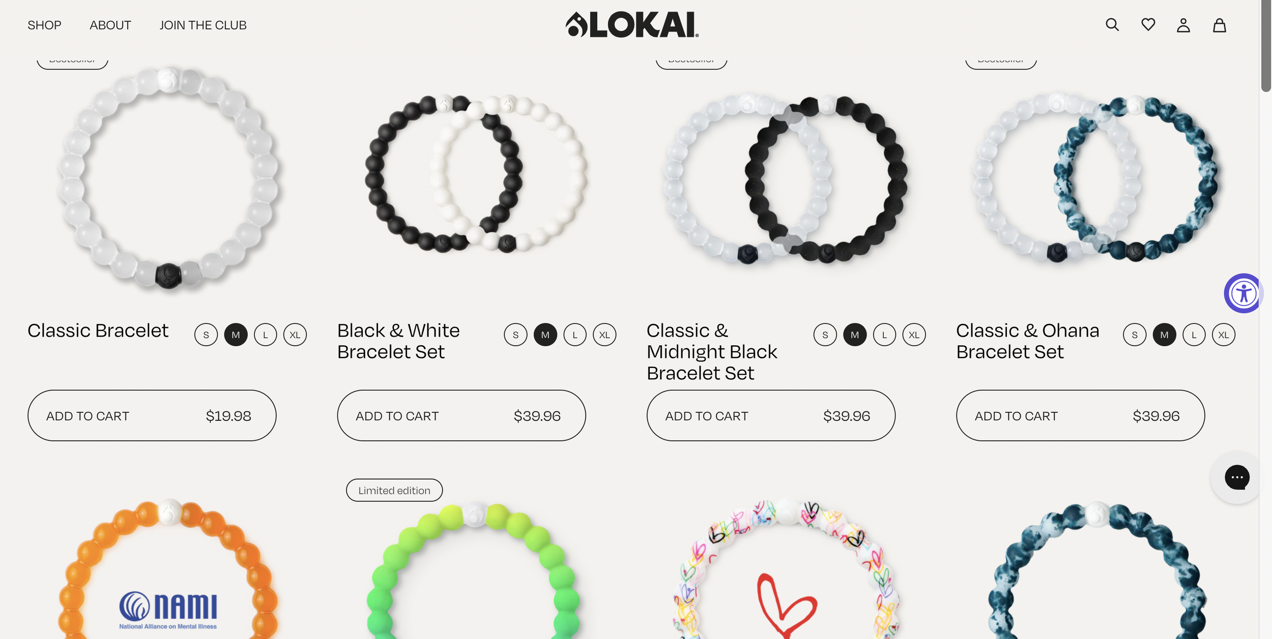 Display of various beaded bracelets on an online shopping webpage, including classic, black & white, midnight black, and ohana styles, with options to select sizes and add to cart.