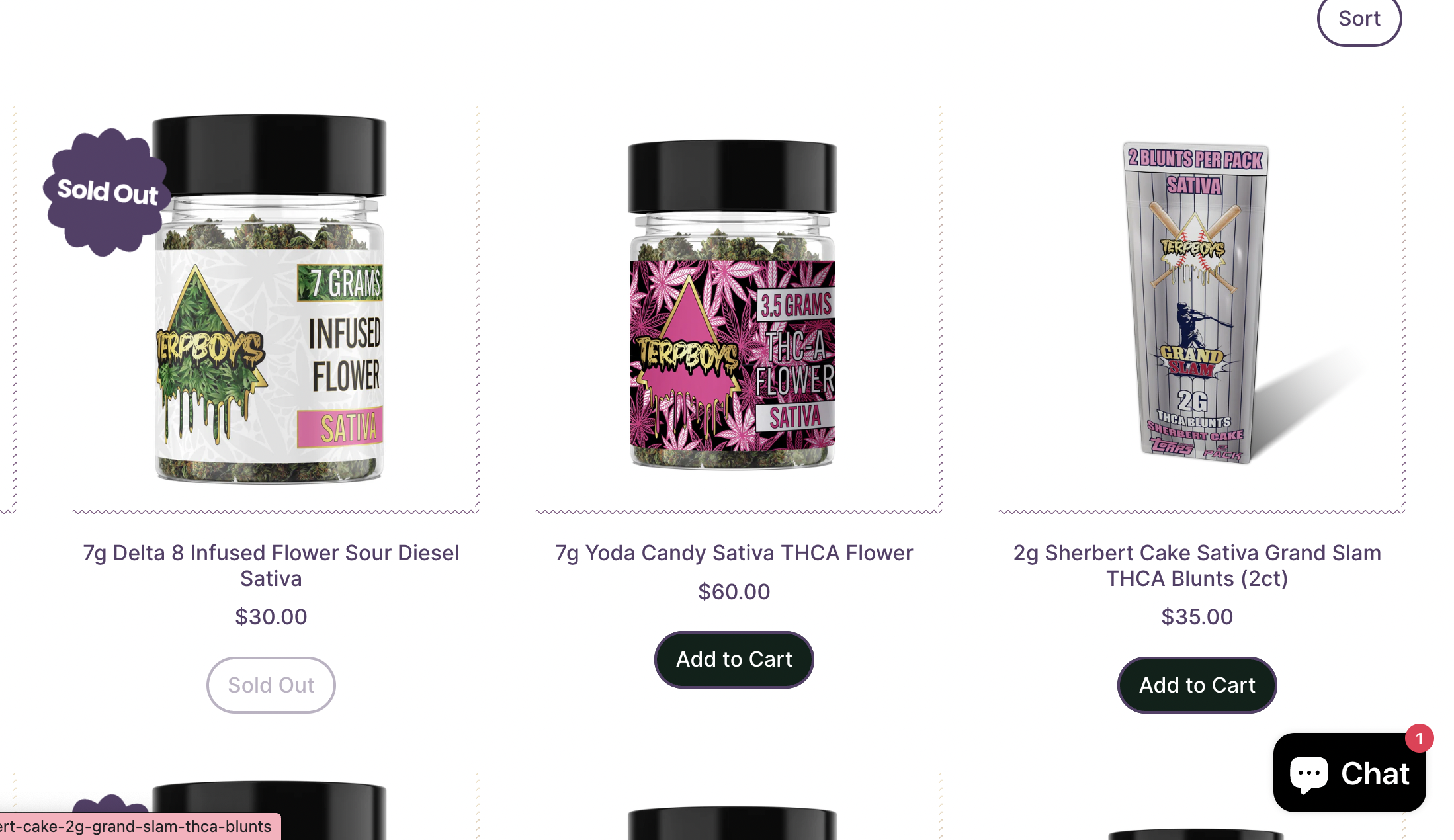Three cannabis products: the first is a free-standing jar labeled "7g Delta 8 Infused Flower Sour Diesel Sativa," marked sold out; the second is a jar labeled "7g Yoda Candy Sativa THCA Flower" priced at $60; the third is a box labeled "2g Sherbert Cake Sativa Grand Slam THCA Blunts" priced at $35, with a purple and gray packaging design.