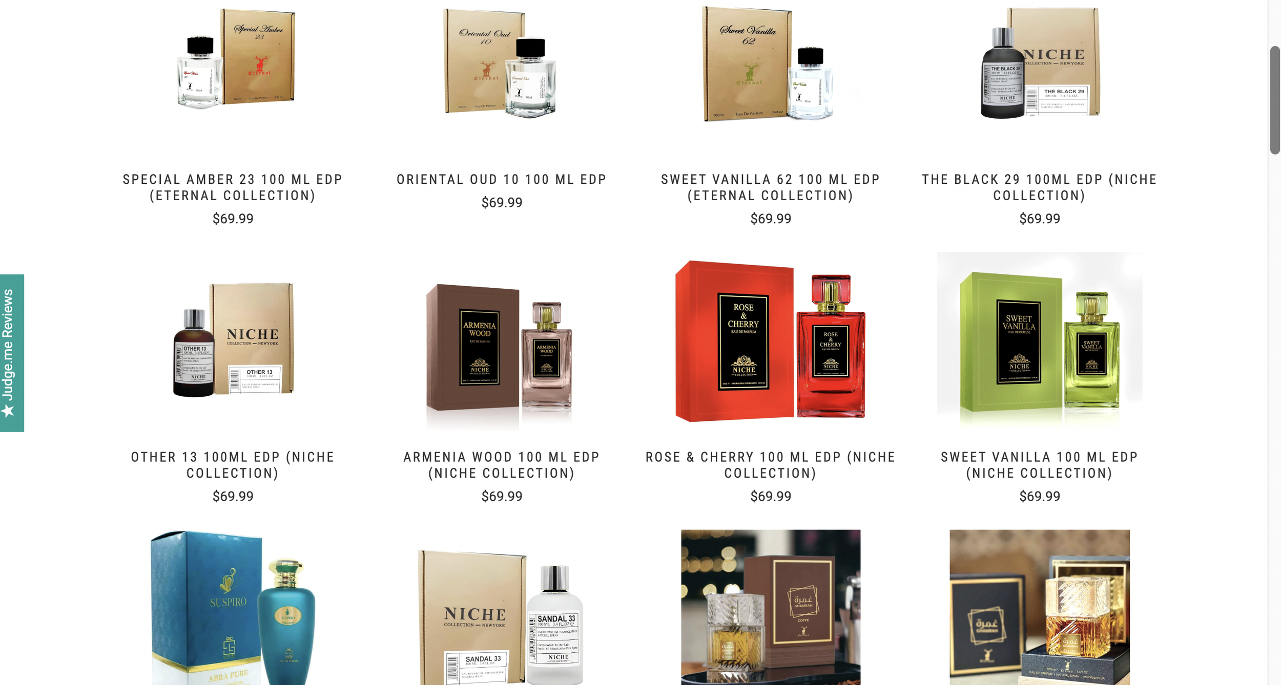 Image of various perfume bottles and boxes arranged in a grid. The perfumes include Special Amber, Oriental Oud, Sweet Vanilla, The Black, Other, Armenia Wood, Rose & Cherry, and additional perfumes, each with their brand and price listed.