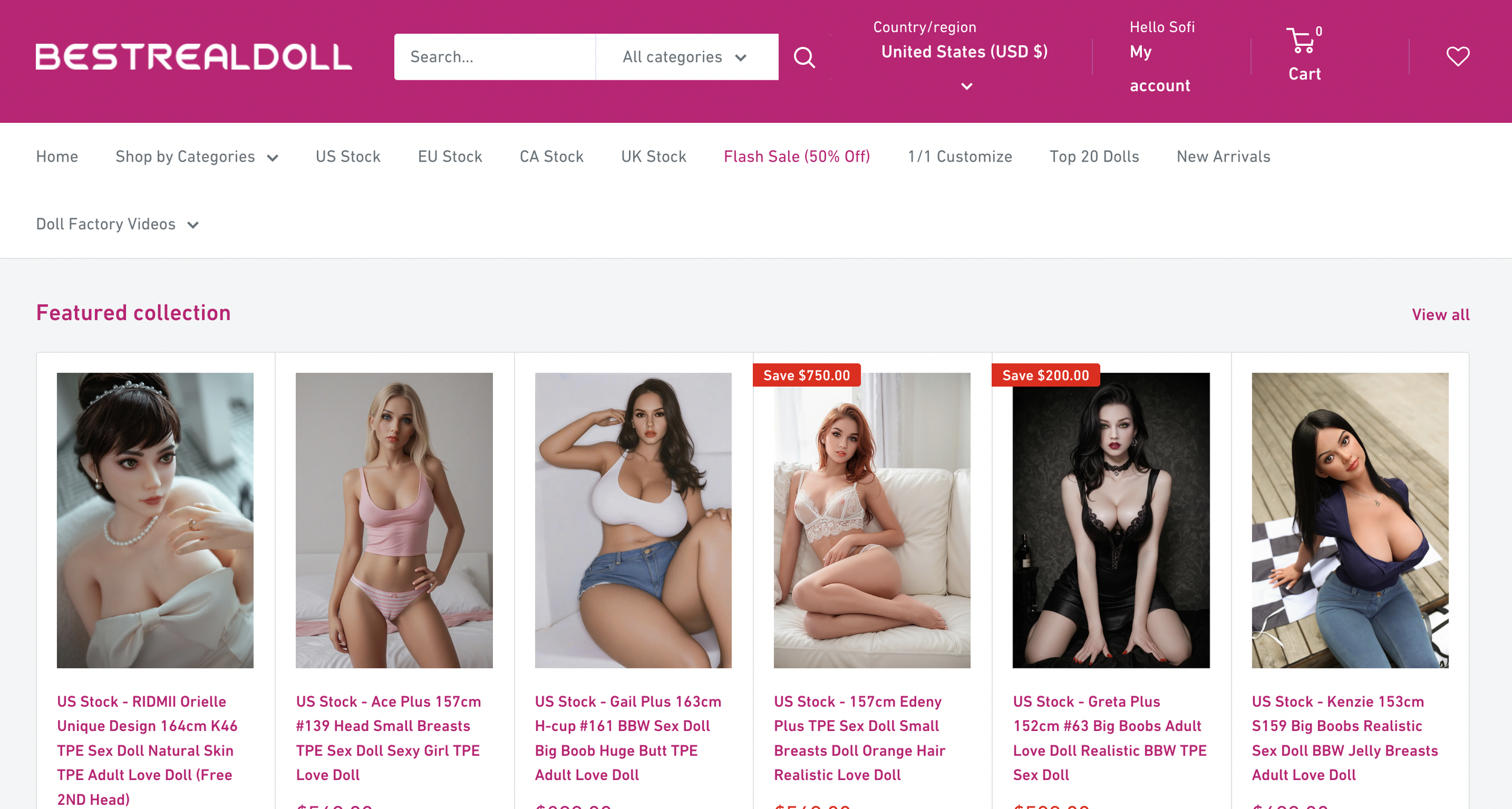 Web page of an online store selling realistic love dolls, with images and descriptions of six different dolls, including details about size, stock status, and features.
