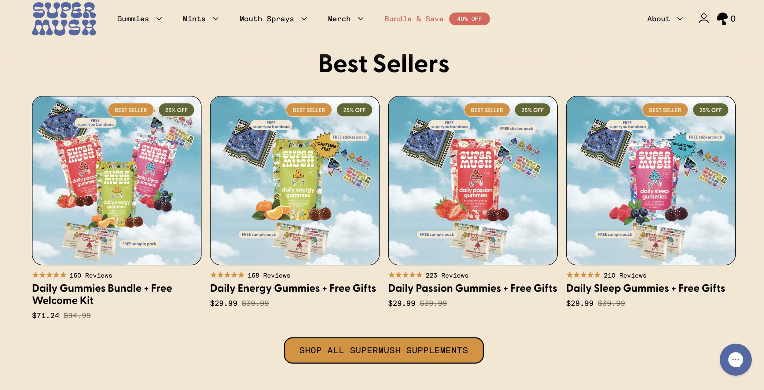 Website homepage featuring best-selling gummy products with colorful packaging and promotional labels, including discounts and free gifts.