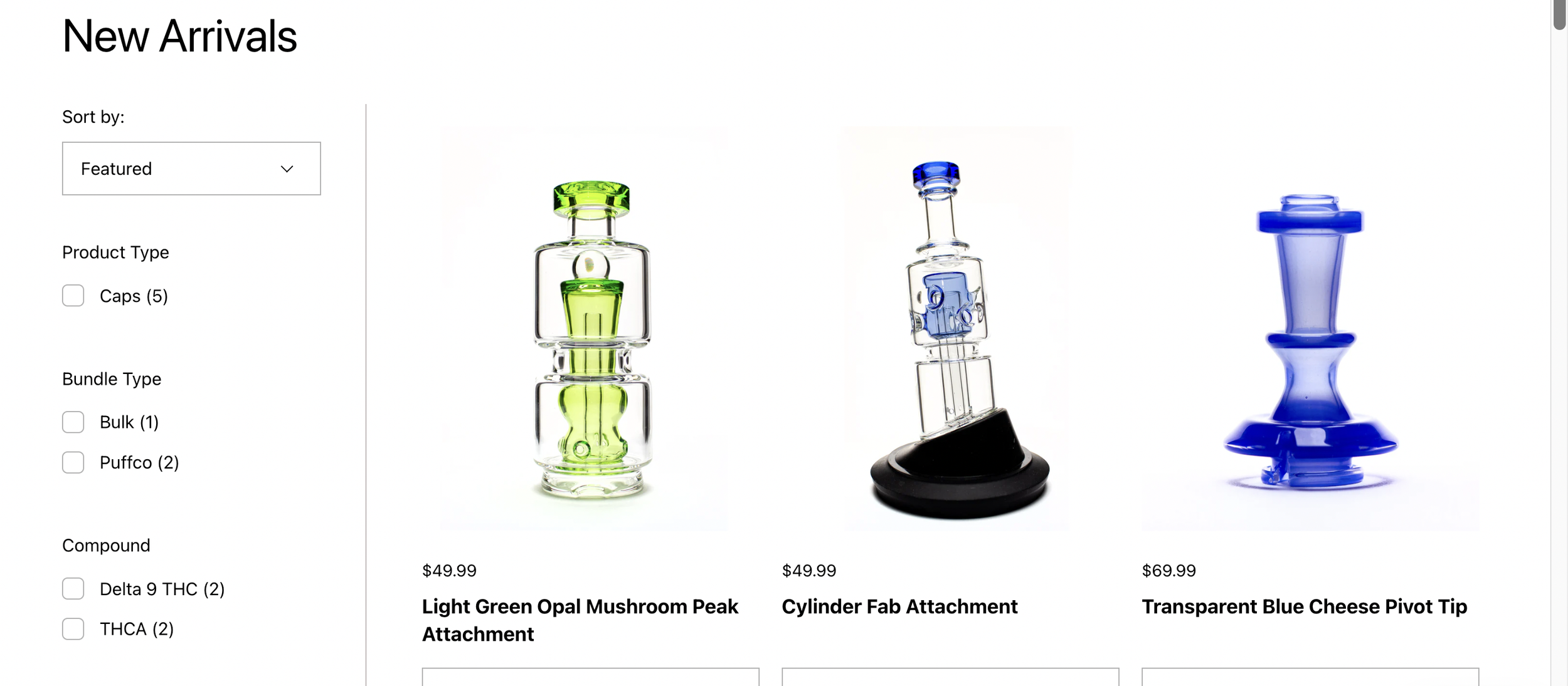 Display of three glass accessories, each with different colors and shapes, for use with cannabis or other substances, priced at $49.99 and $69.99.