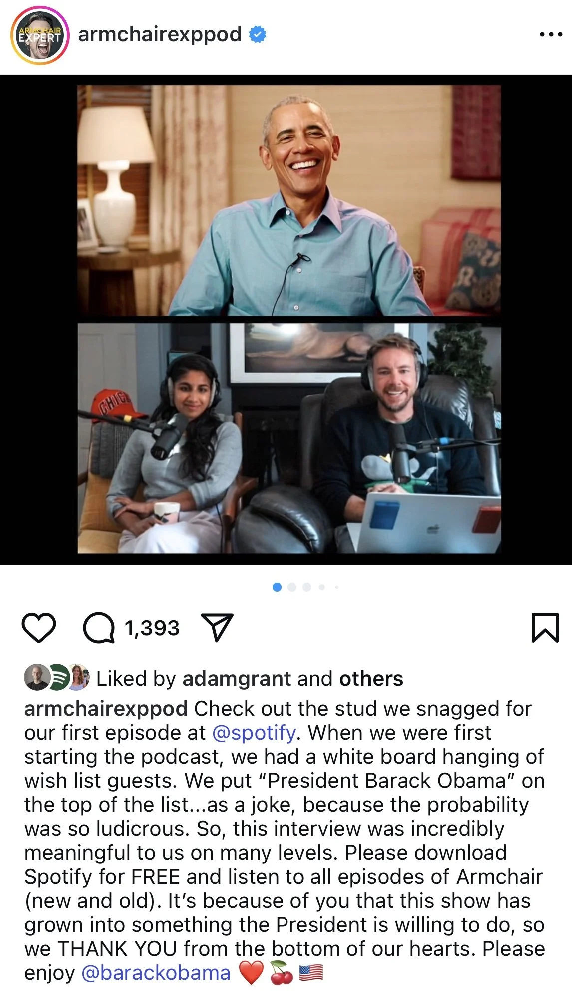 Social: IG Barack Obama Interview only on Spotify Post