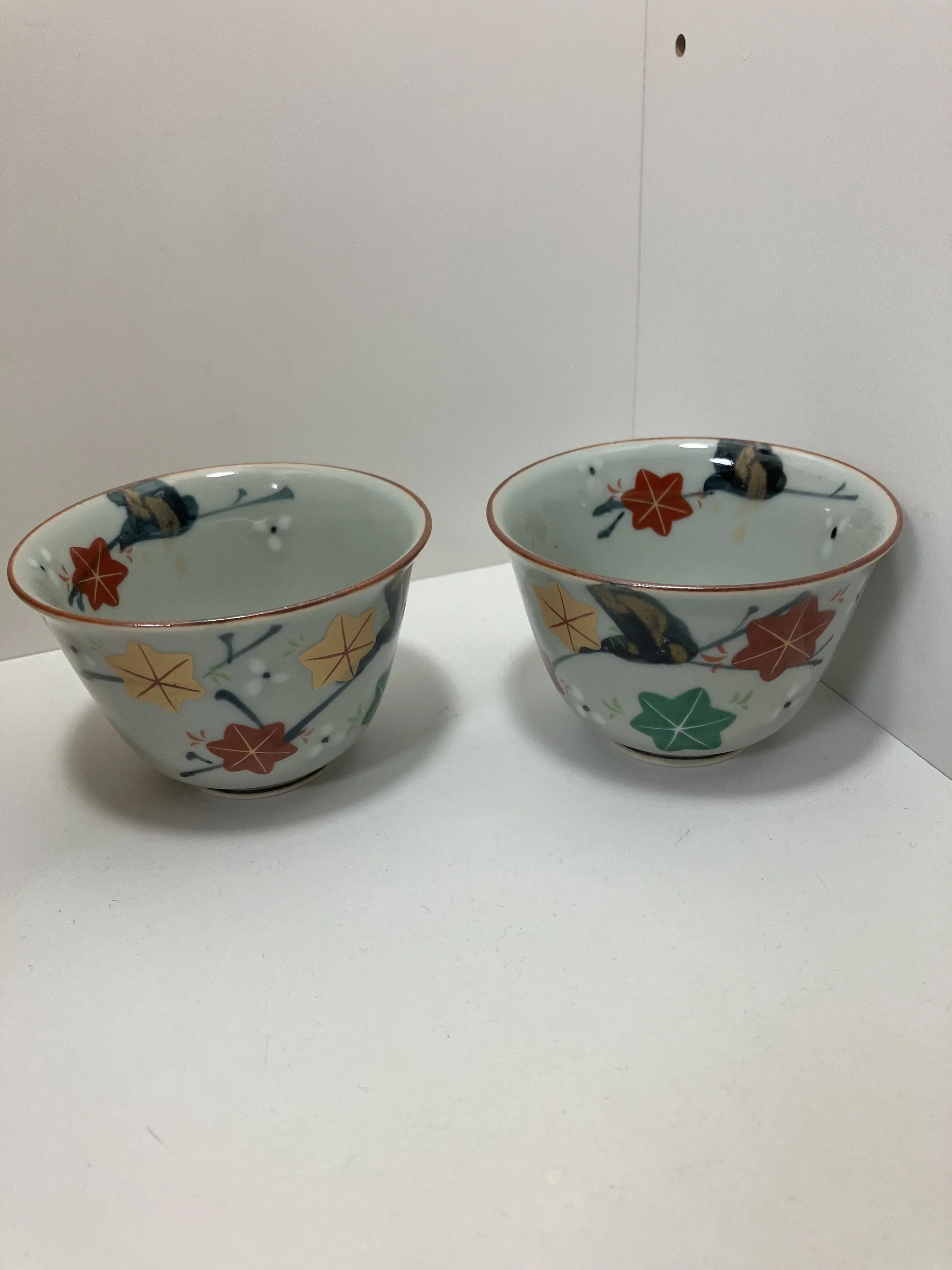 Two ceramic bowls with a floral and leaf pattern, placed on a white surface against a white background.