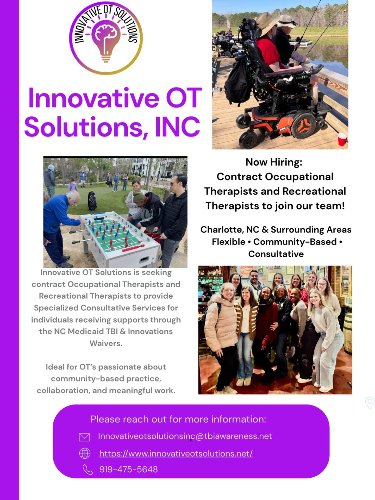 📍 Charlotte, NC | We&rsquo;re Hiring!

Innovative OT Solutions, INC is looking for Occupational Therapists (OTs) and Recreational Therapists (RTs) to join our growing team!

We provide community-based, consultative services to individuals supported 