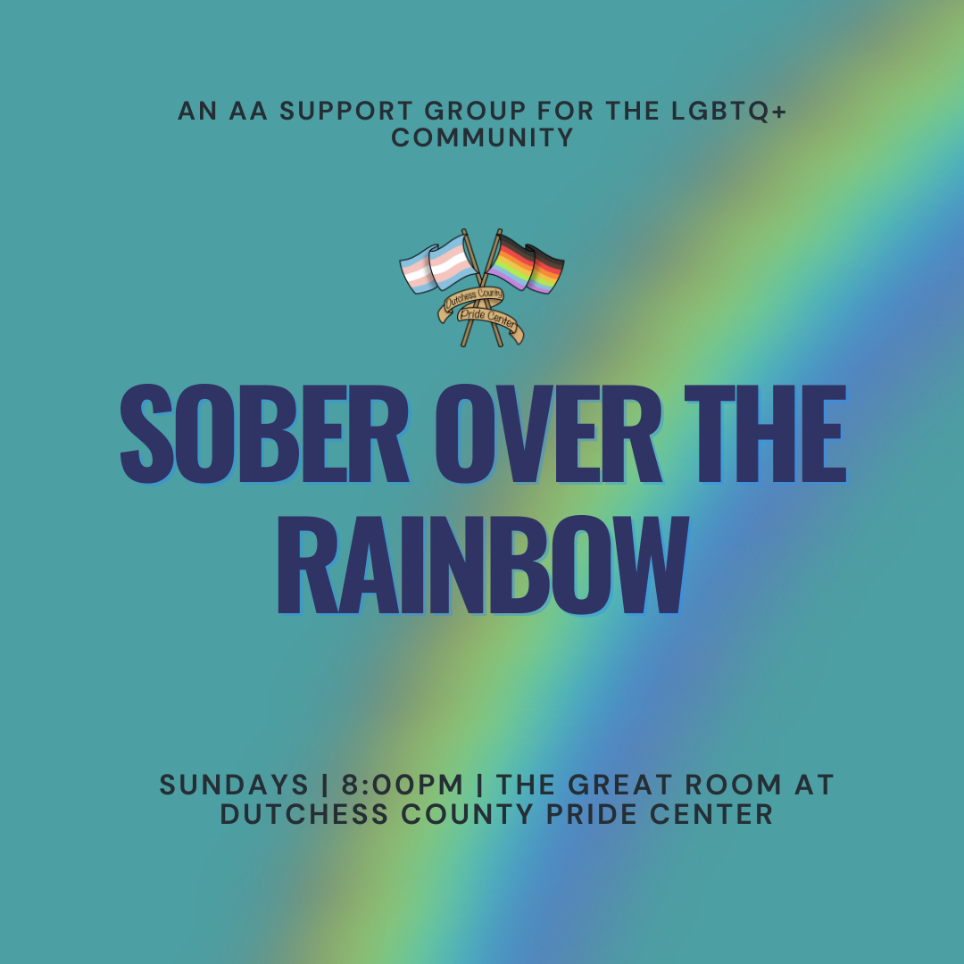 Flyer for Sober Over The Rainbow text details about meeting times, location, and contact information, with rainbow flags and rainbow city skyline illustrations.