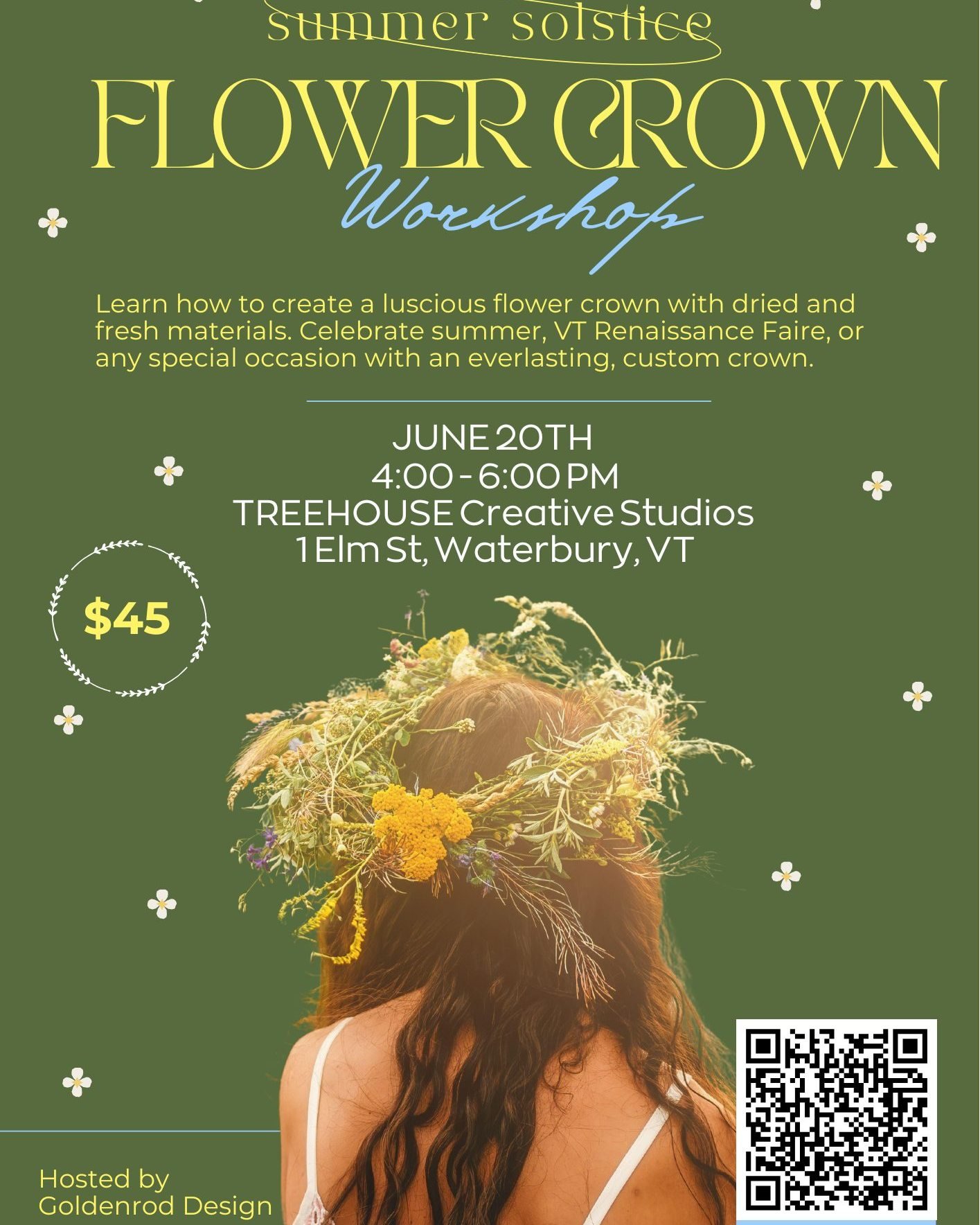 Learn how to create a luscious flower crown with dried and fresh materials. Celebrate the Summer Solstice (June 20), Vermont Renaissance Faire (June 21-22), or any special occasion with a custom crown designed to fit your unique style.

No party or e