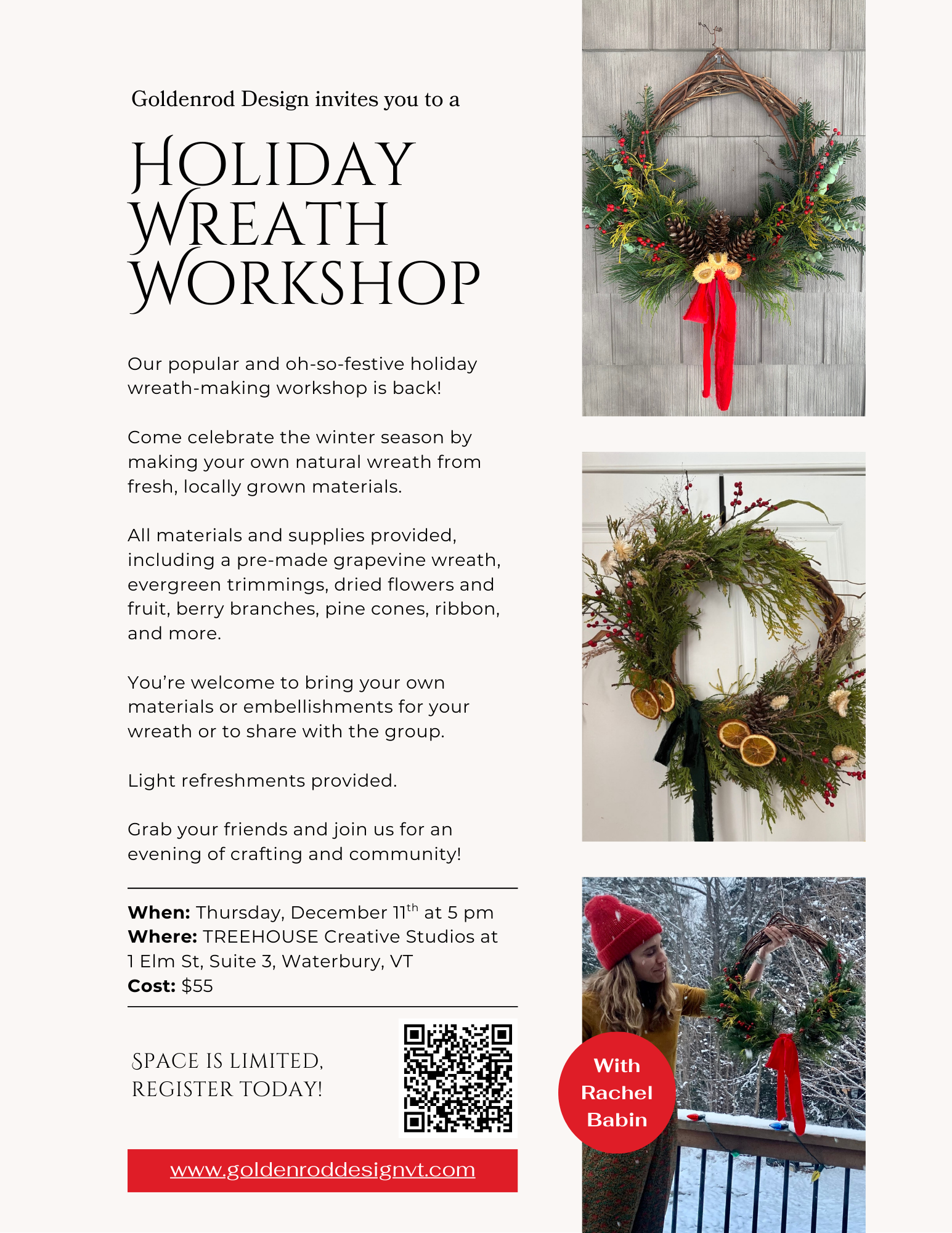 Holiday Wreath Workshop - December 11 at 5:30 pm