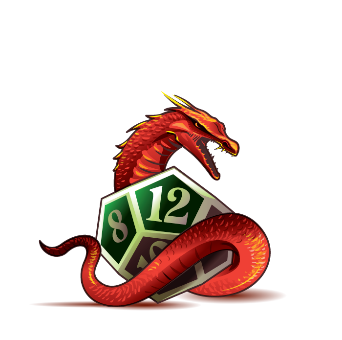 A red dragon with yellow accents coiled around a green and white 12-sided die.