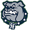 Logo of a bulldog mascot with a fierce expression, wearing a sports jersey with 'SE' on it, representing Seattle Seahawk.