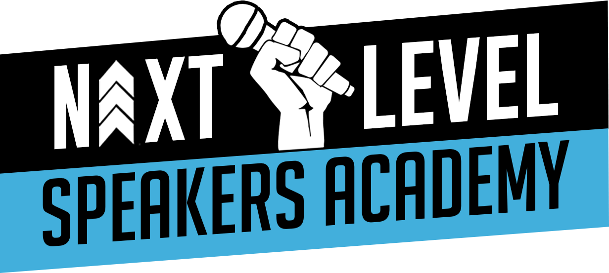 Logo for Next Level Speakers Academy featuring a stylized clenched fist holding a microphone above the text.