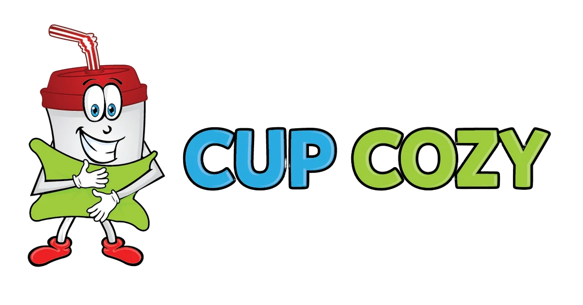 Animated cartoon cup with a straw, wearing red shoes, holding a green pillow, and smiling, alongside the words "CUP COZY" in colorful letters.