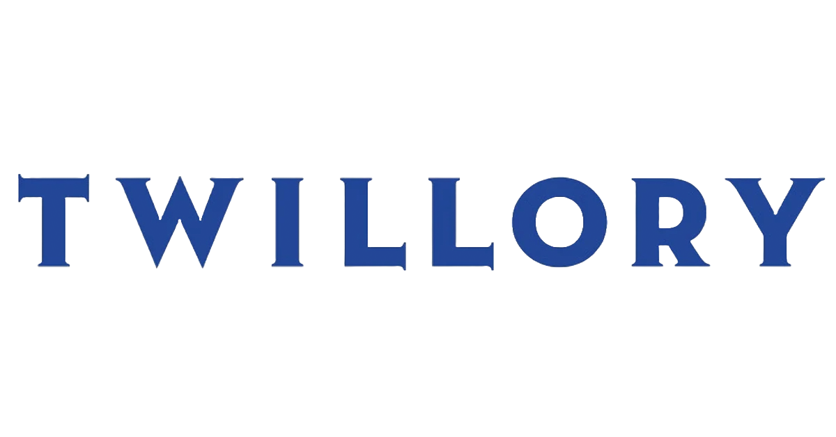 Colorful logo with the word 'TWILLOY' in blue, three-dimensional font, on a black background.