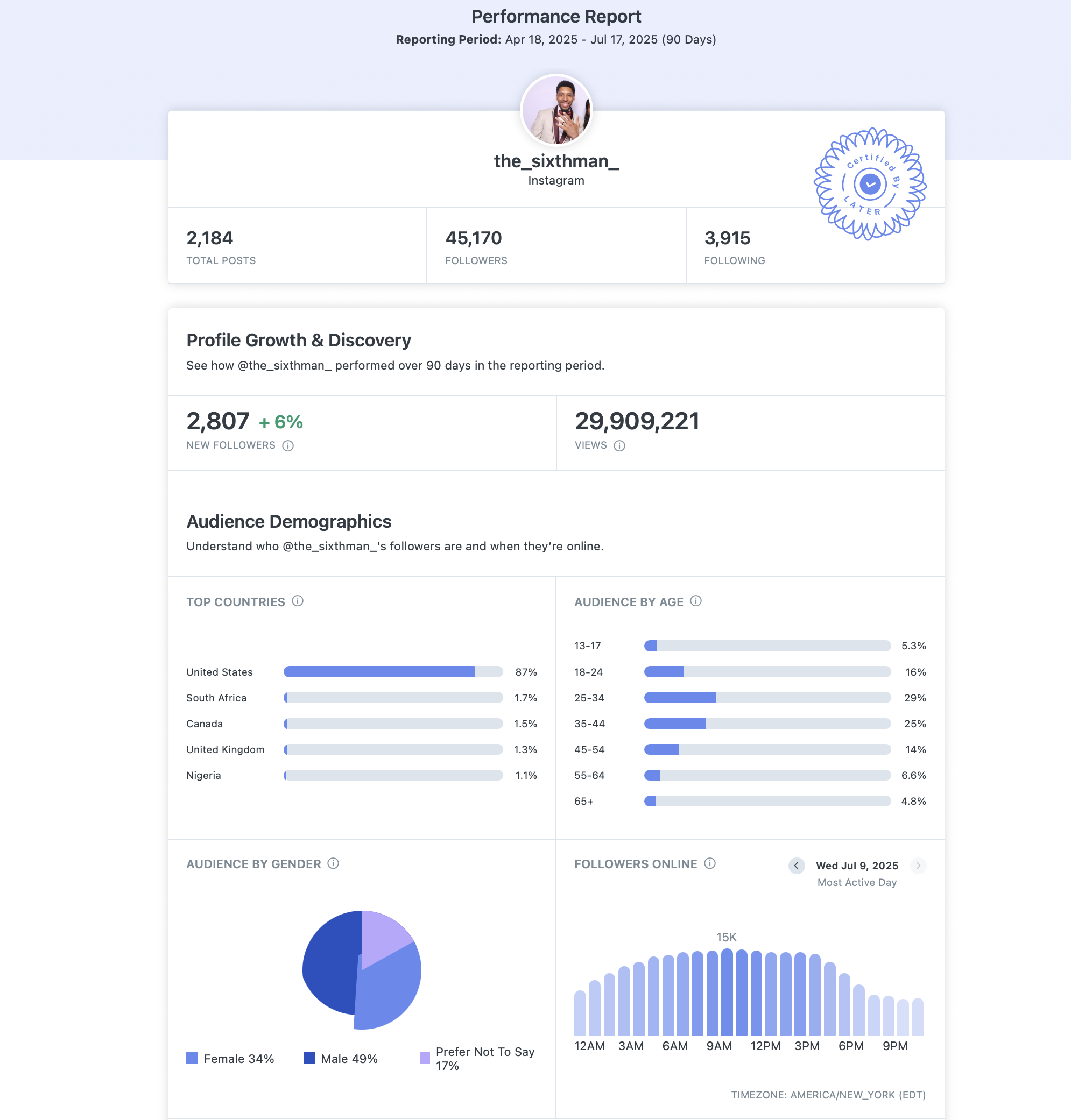 Performance report for Instagram user @the_sixthman_ for April 18 to July 17, 2025. Shows total posts, followers, following, profile growth, views, audience demographics by country, age, and gender, and follower online activity.