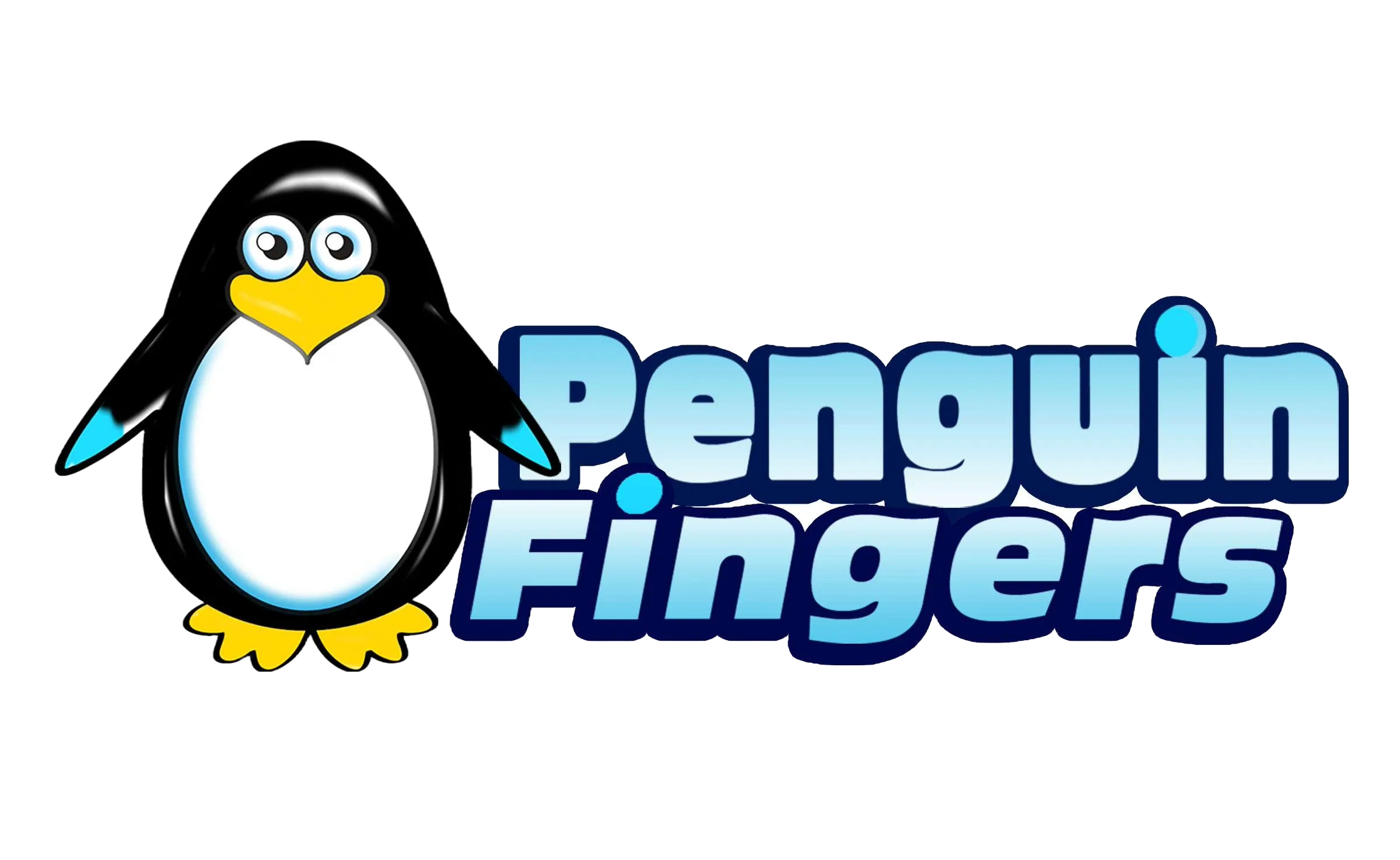 Cartoon penguin with big eyes and yellow beak, standing next to the text 'Penguin Fingers' in blue letters.