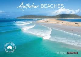 A beach scene with blue ocean waves, sandy shoreline, and a clear sky, labeled 'Australian Beaches'.