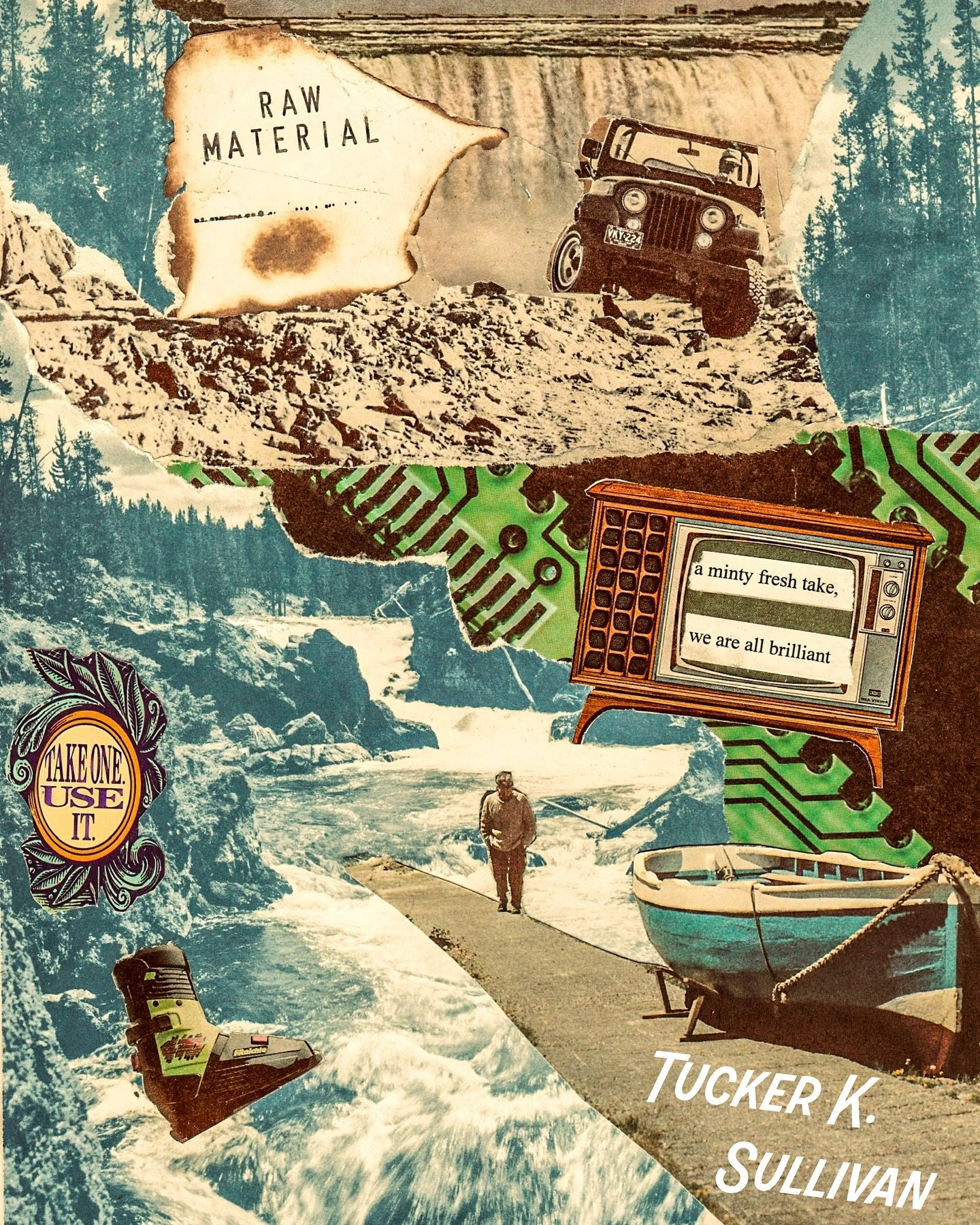 A lil poster for a new book titled "Raw Material: Open this Book at Random" released today by my good friend @tuckerksullivan 📖🧠🛸 available online at Amazon and Barnes &amp; Noble.
.
.
Made from various Motor Trend, Playboy, Time, Life, 