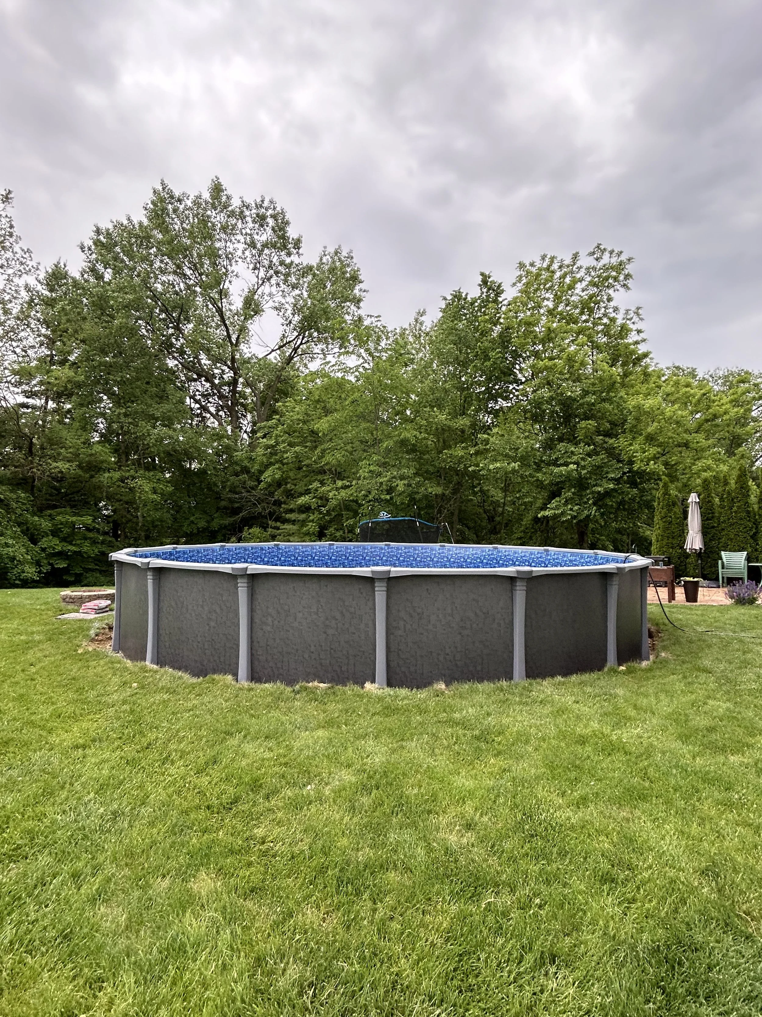 Above ground swimming pool in a backyard with green grass and trees.