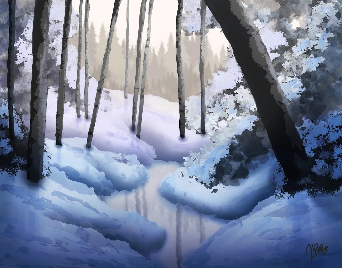 winter snow riverbank trees