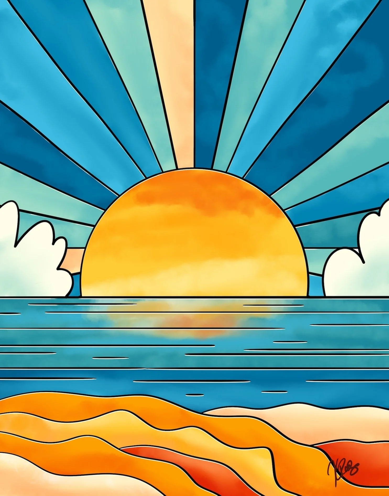 mosaic sun rays water sand