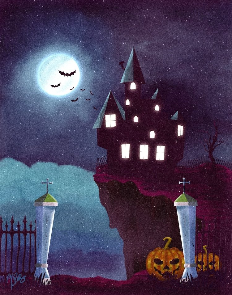 halloween haunted house fence pumpkins moon bats