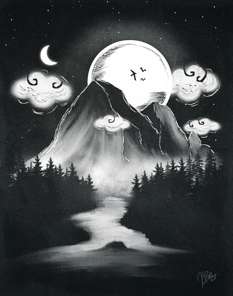 mountains trees river moon clouds