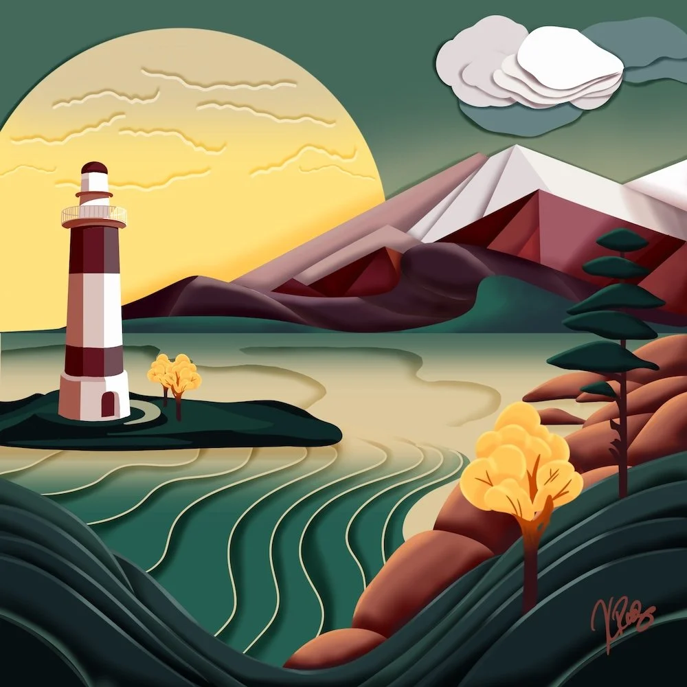 paper cutout lighthouse water moon mountains