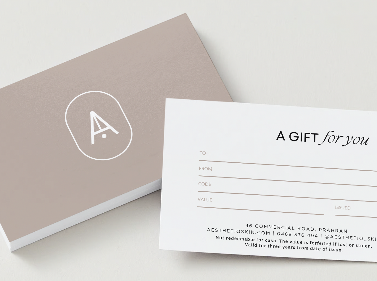 Gift card with 'A' logo and text fields for recipient details, plus contact information.