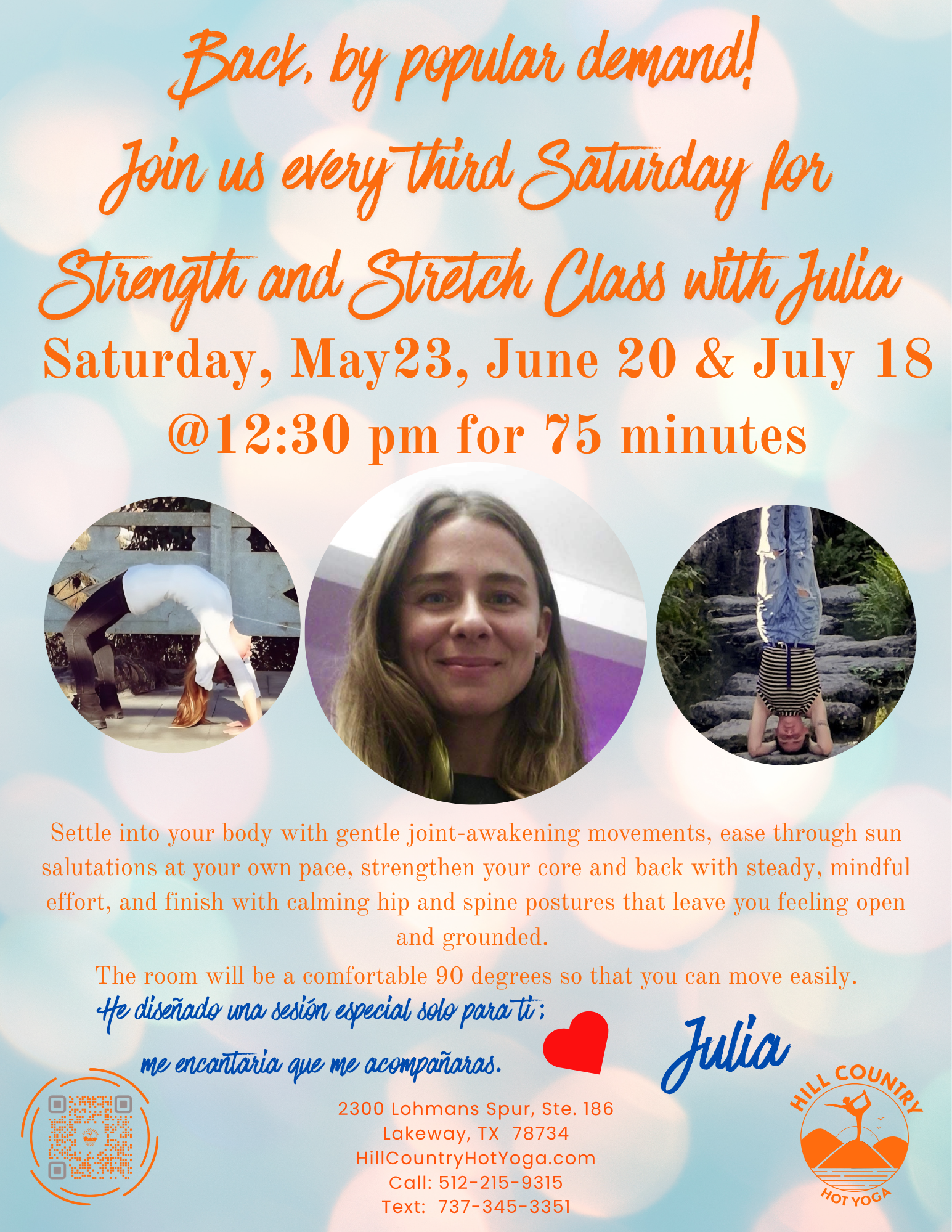 Strength and Stretch class with Julia!   May 23rd, June 20th and July 18th @ 12:30-1:45pm