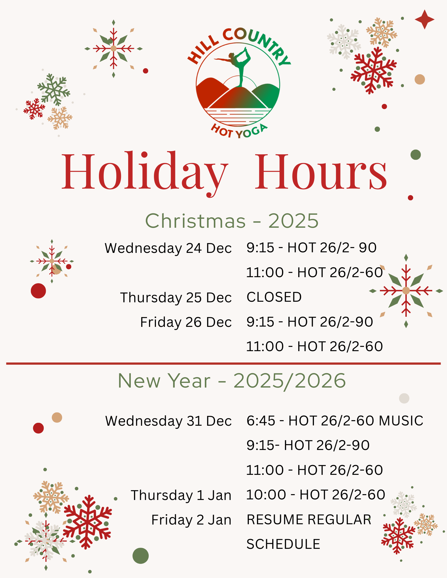 Christmas and New Years Holiday Schedule at Hill Country Hot Yoga