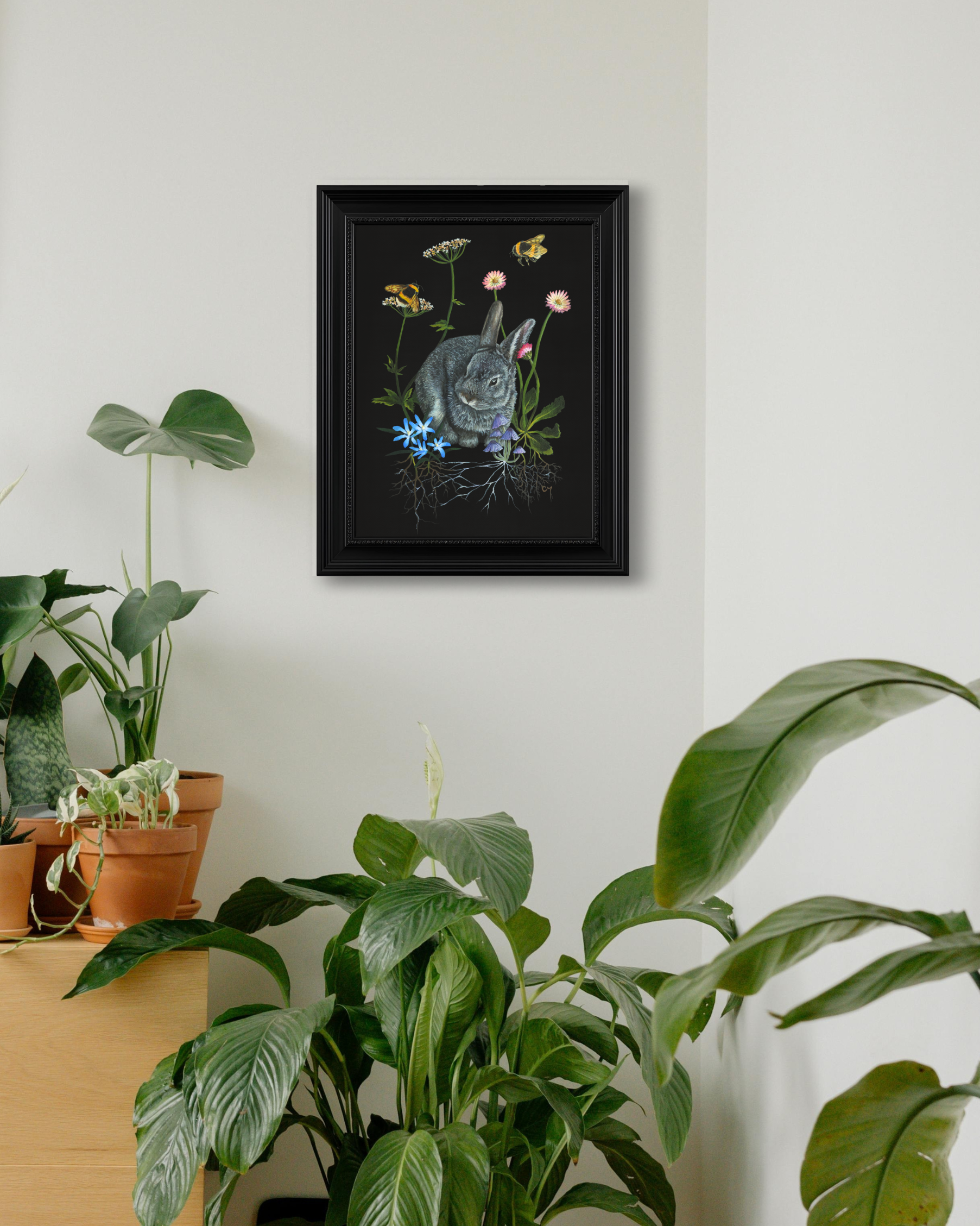A framed wildlife art print of a European bunny, Bumblebees, English daisies, blue flowers, ground elder & purple fairy bonnet mushrooms, on black background, in a plant home