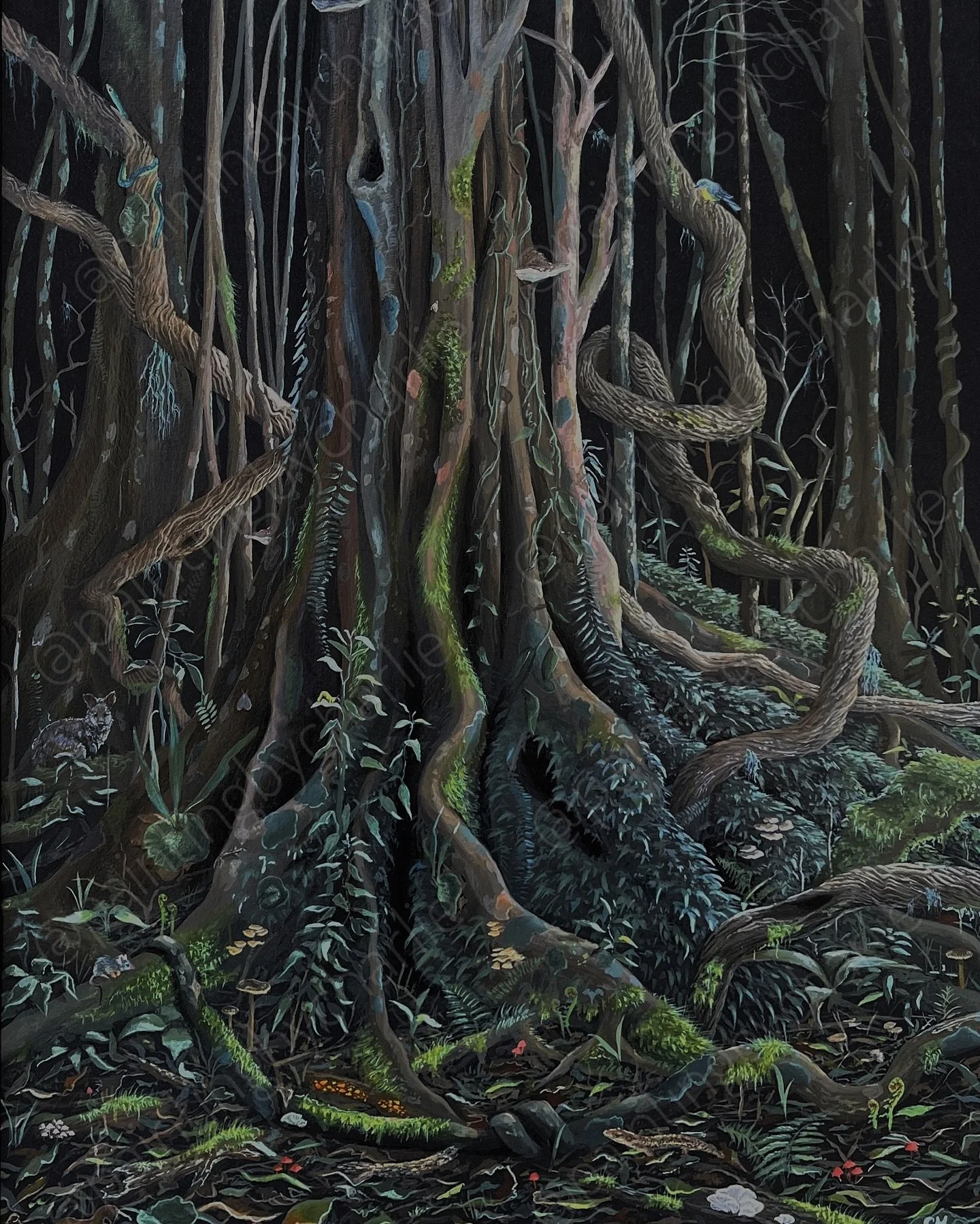 Mother Figure - My most intricate piece yet. I put sooo much of my soul in this painting. I&rsquo;m so glad it found a home 🖤 

&ldquo;Mother Figure&rdquo; explores the ancient connection between the natural world &amp; the unseen forces that protec