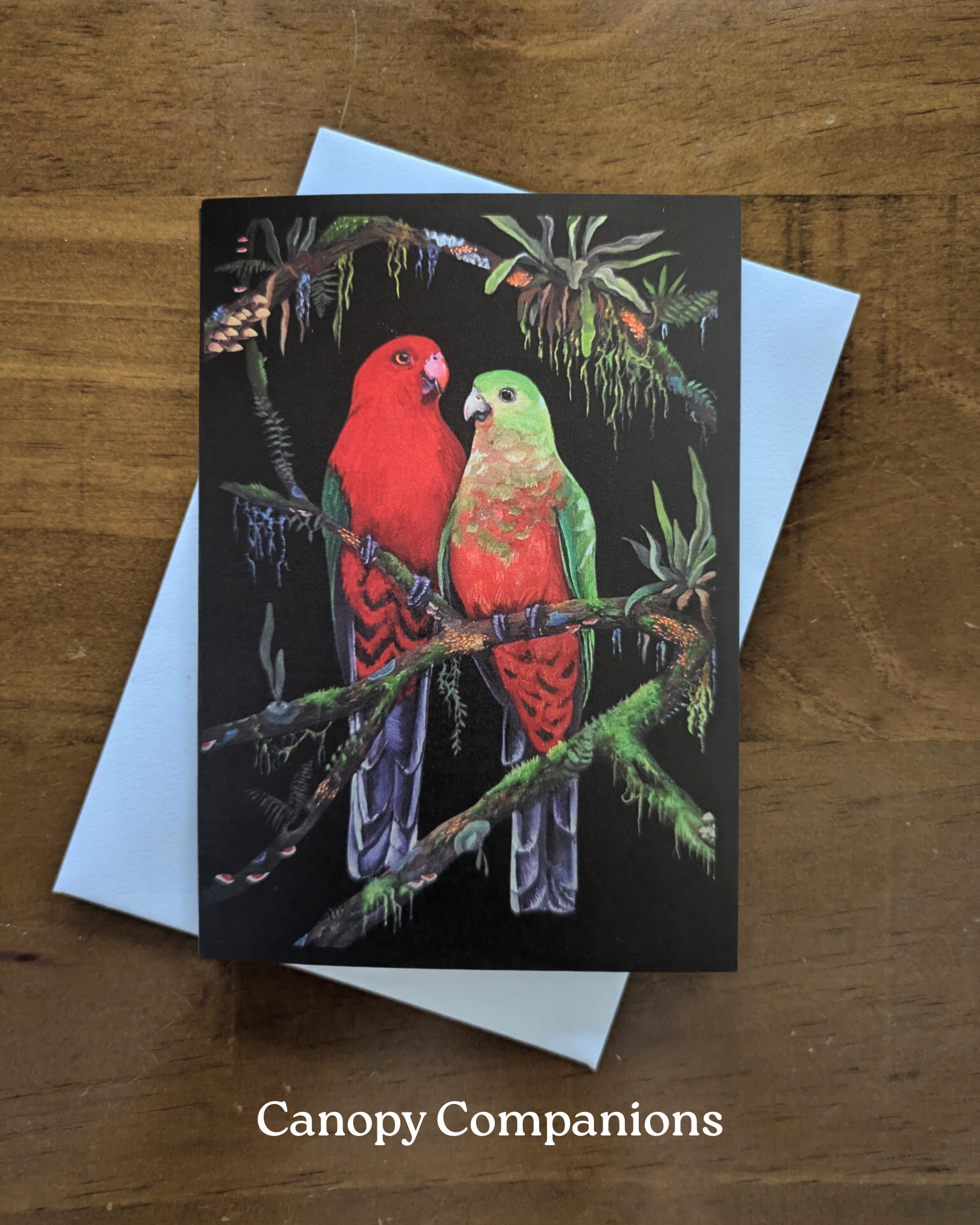 A greeting card with a painted red and green king parrot bird pair surrounded by rainforest branches, fungi and plants, on a black background.