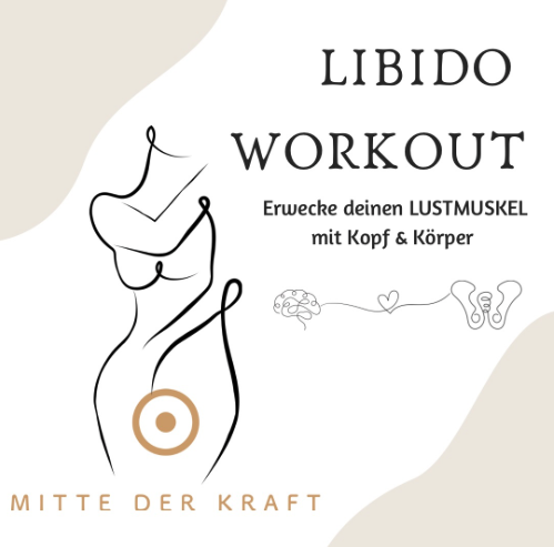 Werbegrafik für ein „Libido Workout“ von „Mitte der Kraft“. Eine minimalistische Linienzeichnung zeigt einen weiblichen Torso, ergänzt durch Symbole für Gehirn, Herz und Becken, die miteinander verbunden sind. Der Text lautet: „Erwecke deinen LUSTMUS