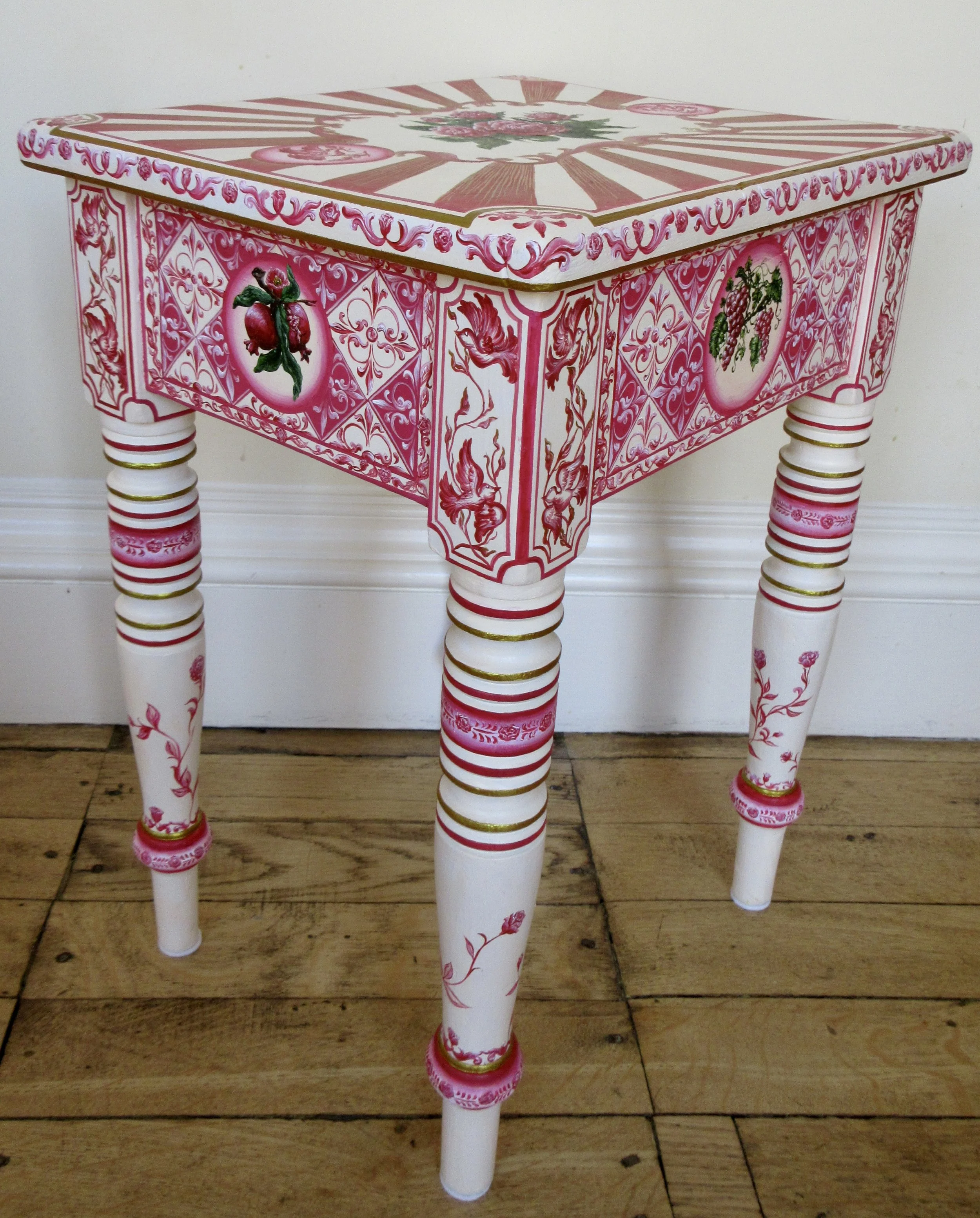 'Rosa Rubea'. Antique stool, hand painted in acrylic paint. A private commission for a young lady, named Rosie. 