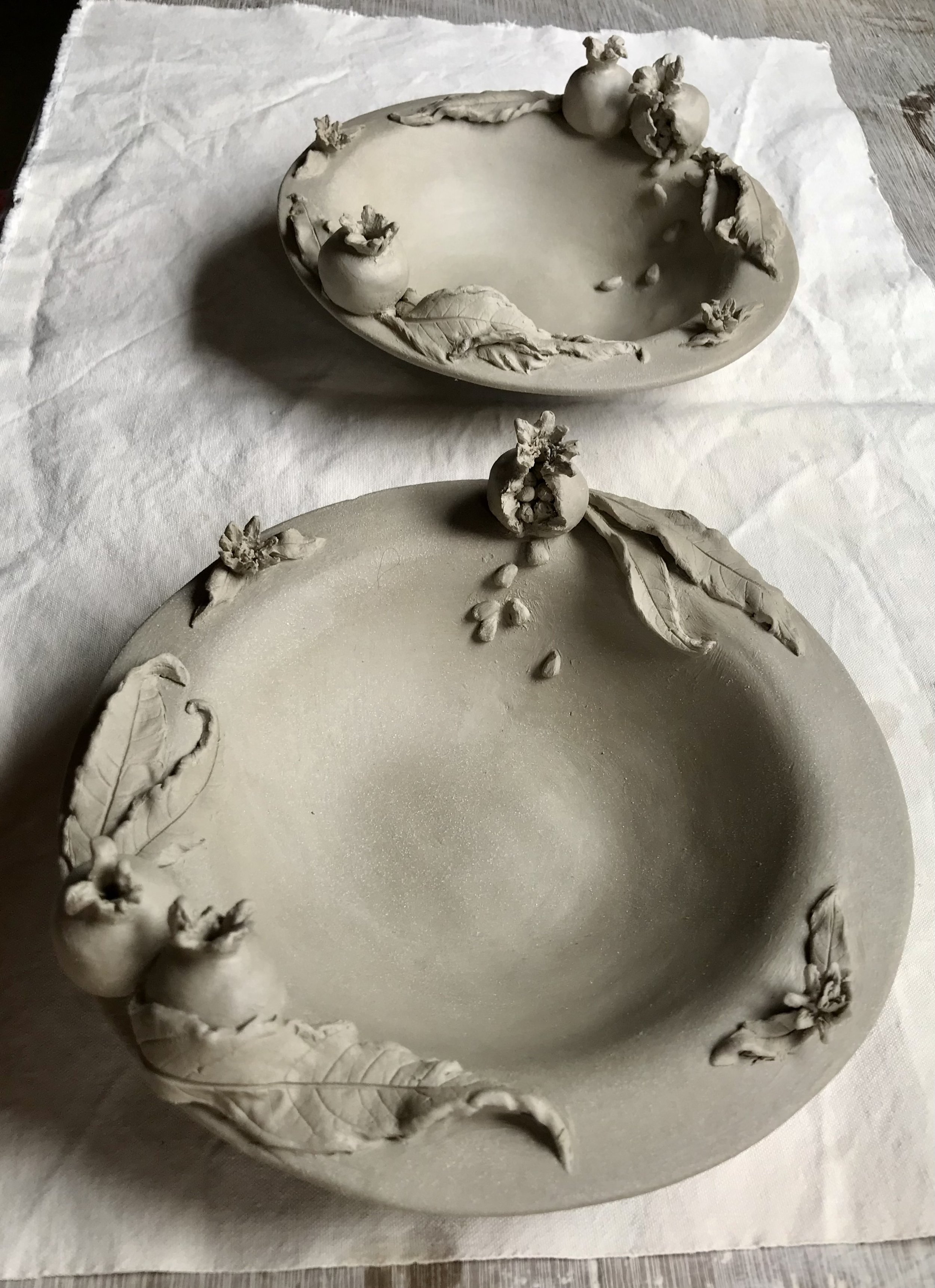 Natural State: greenware pomegranate bowls hand built in Cornish stoneware clay.