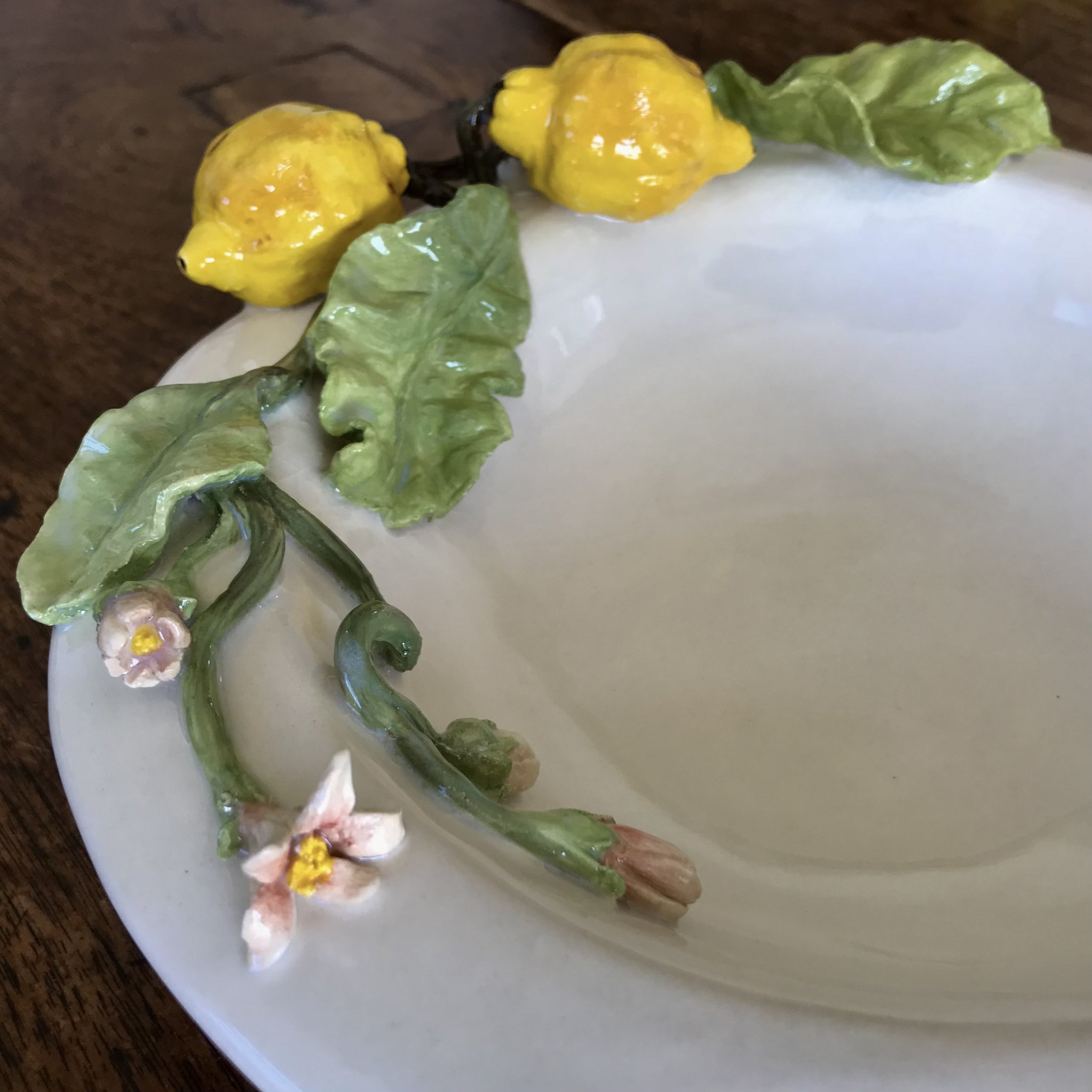 Detail of a bowl hand built in Cornish stoneware clay, featuring sculpted ‘limone di Amalfi’.