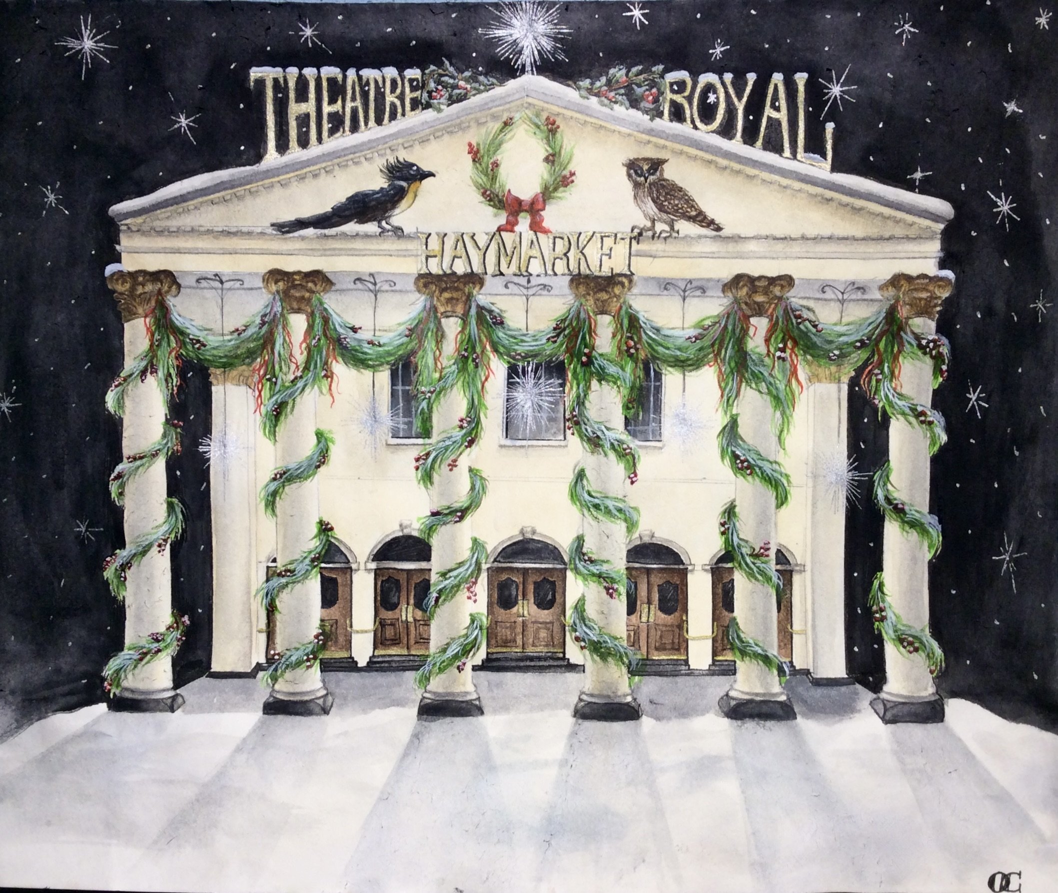 Original watercolour painting, commissioned by the Theatre Royal Haymarket for their annual Christmas card. 29.7cm x 21cm.