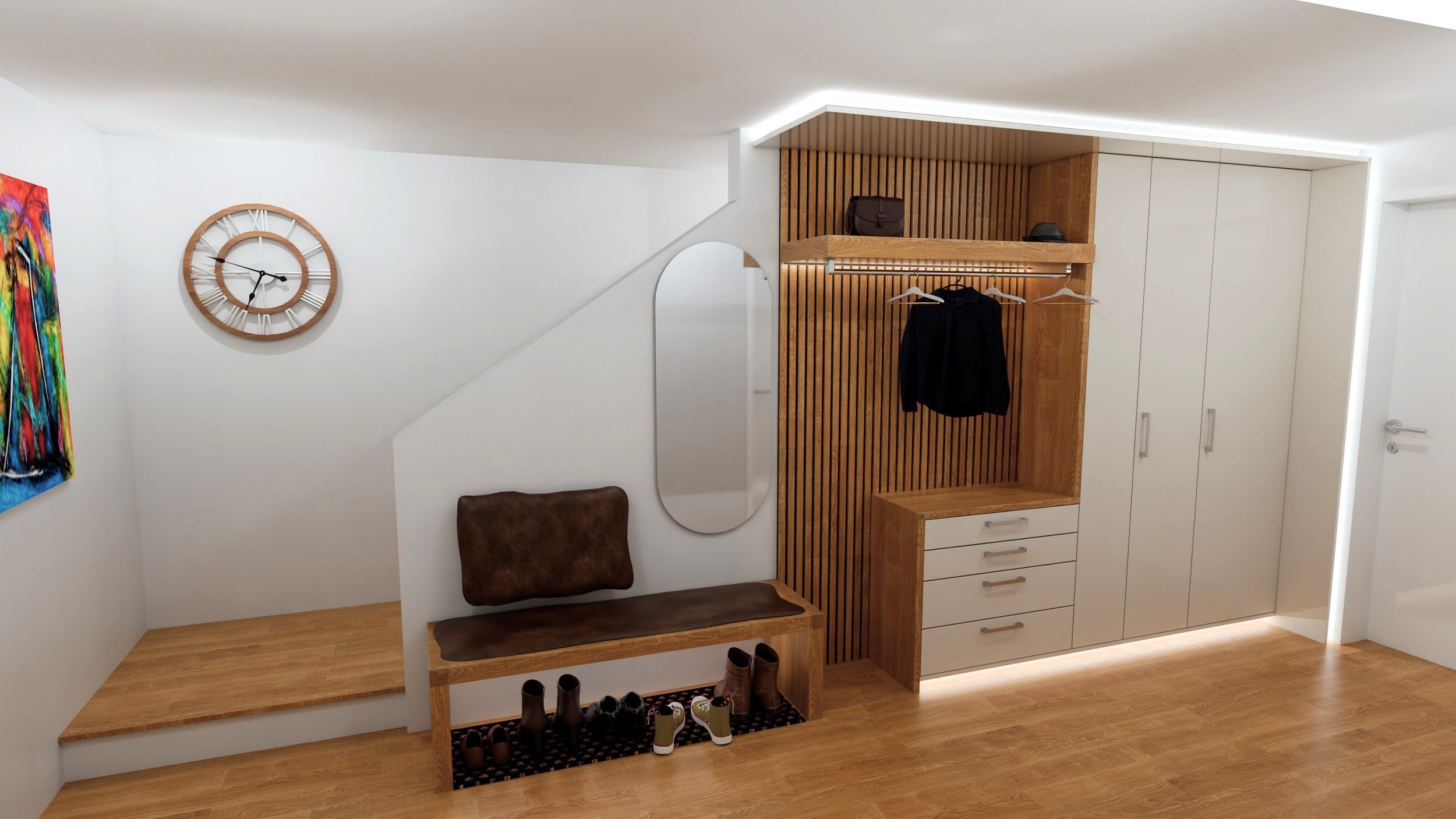 Garderobe weiss mit Eichenstab-Rückwand