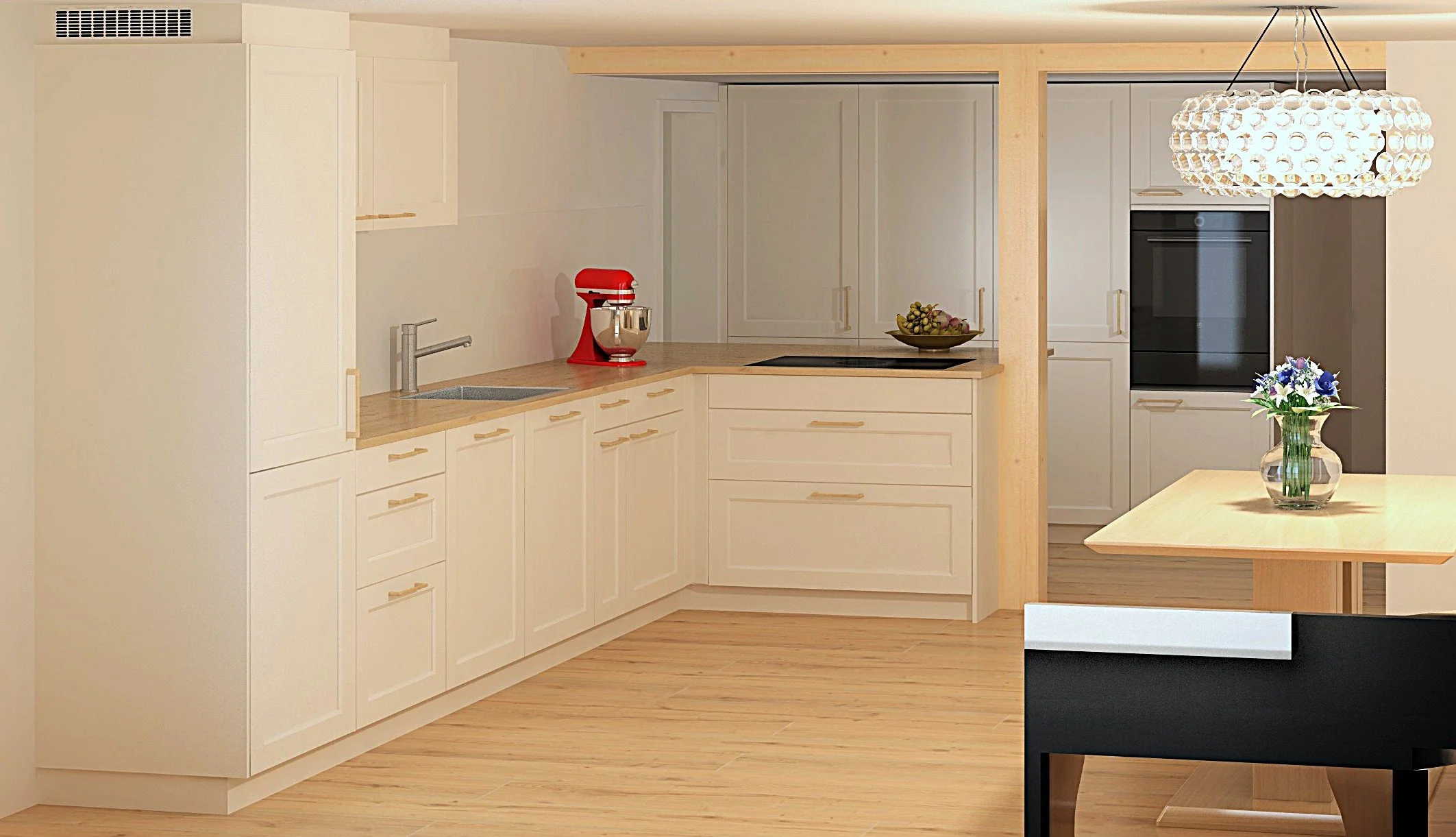 schlichte Landhausküche mit Holzabdeckung