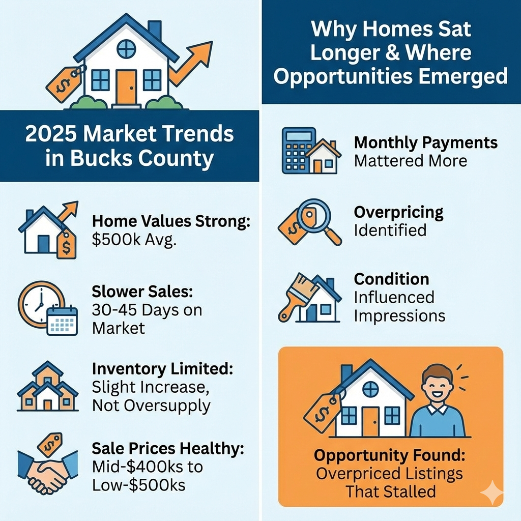 A clean data chart detailing the 2025 Bucks County market, highlighting $500k average home values, a 30-45 day sales pace, and how buyer selectivity is creating new opportunities for patient shoppers.