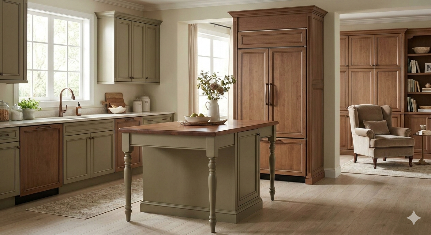 Furniture-inspired kitchen with sage green and warm wood cabinetry featuring a refrigerator hidden behind wood panels and a central island with decorative turned legs.