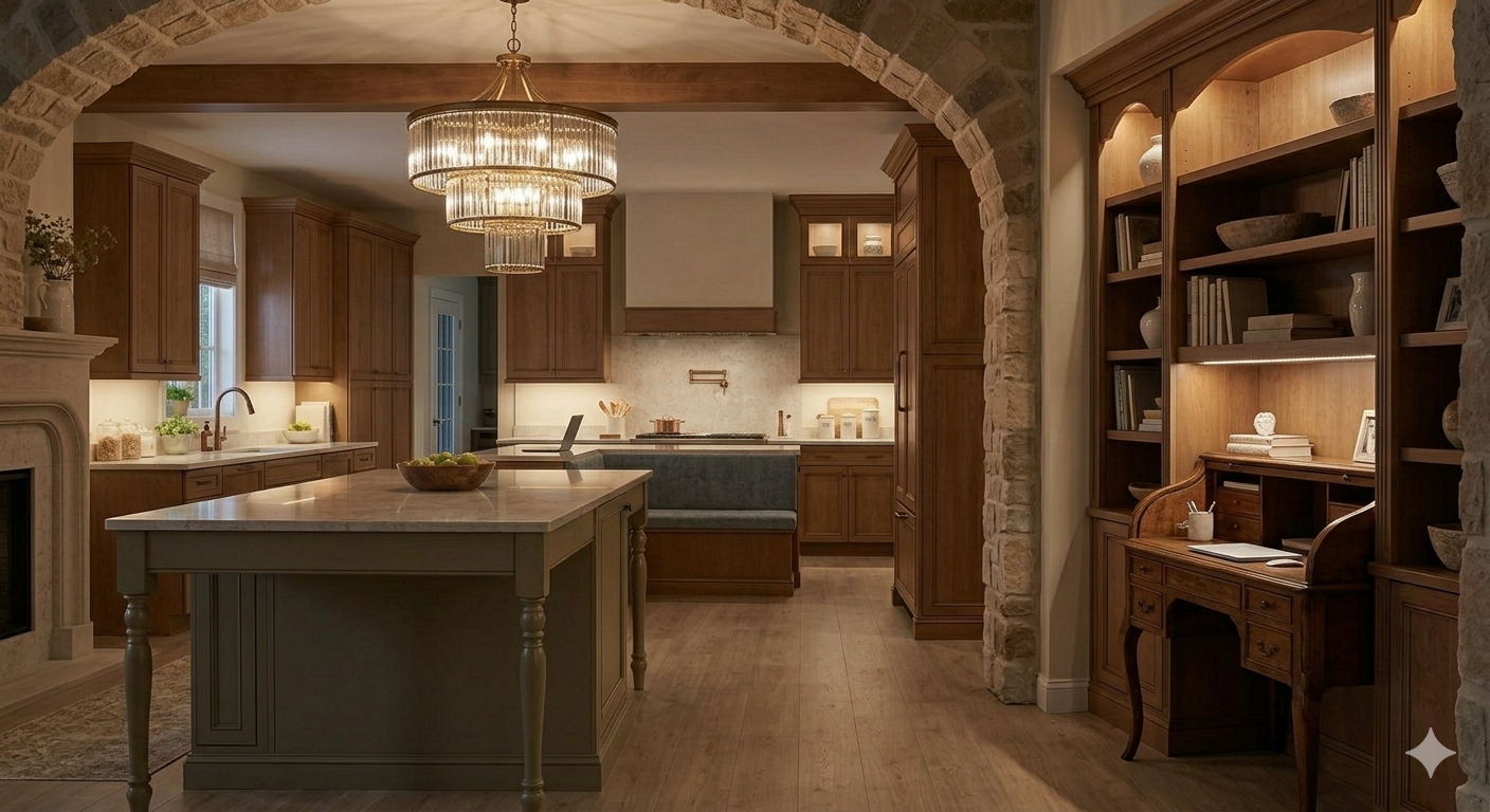 Large luxury kitchen with a dedicated lounge area including a stone fireplace, plush seating, and furniture-style cabinetry