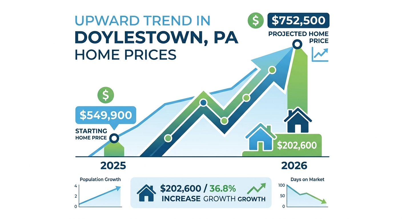 Doylestown PA home prices increased from $549900 to $752500 between 2025 and 2026