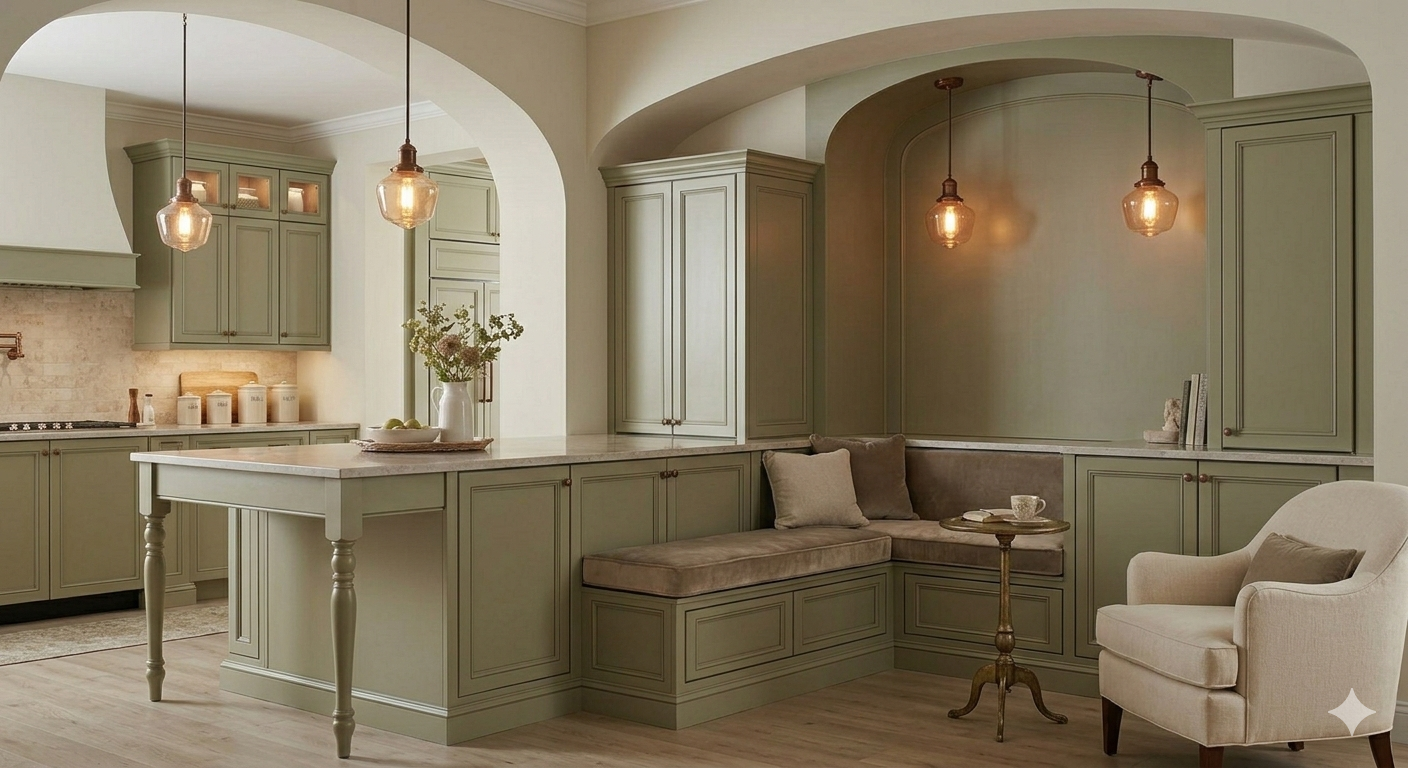 Elegant sage green kitchen featuring a curved architectural archway and a cozy built-in reading nook with a plush velvet cushion and side table.