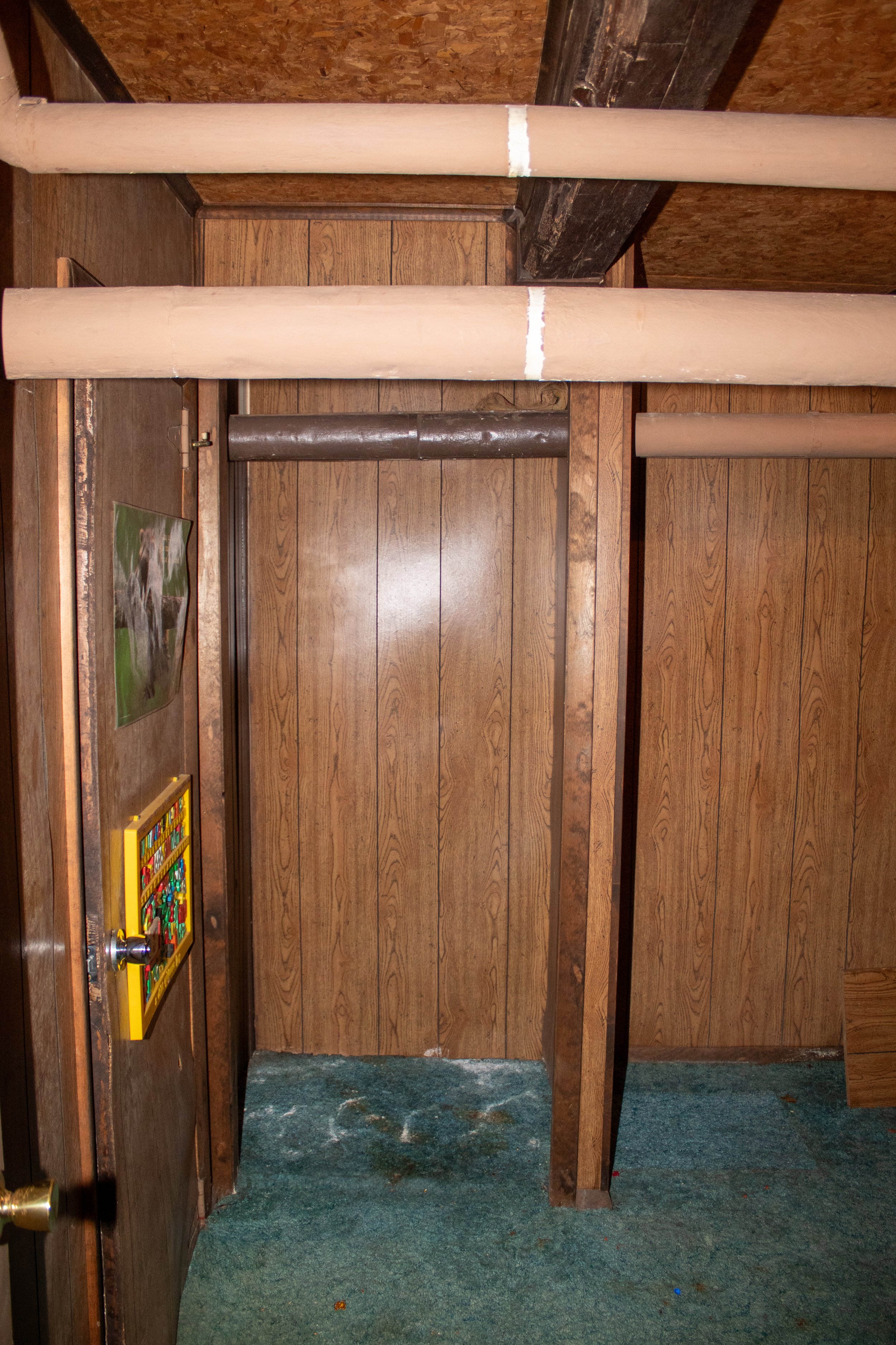 Interior of a small room with wood panel walls, exposed pipes on the ceiling, and a green carpeted floor.
